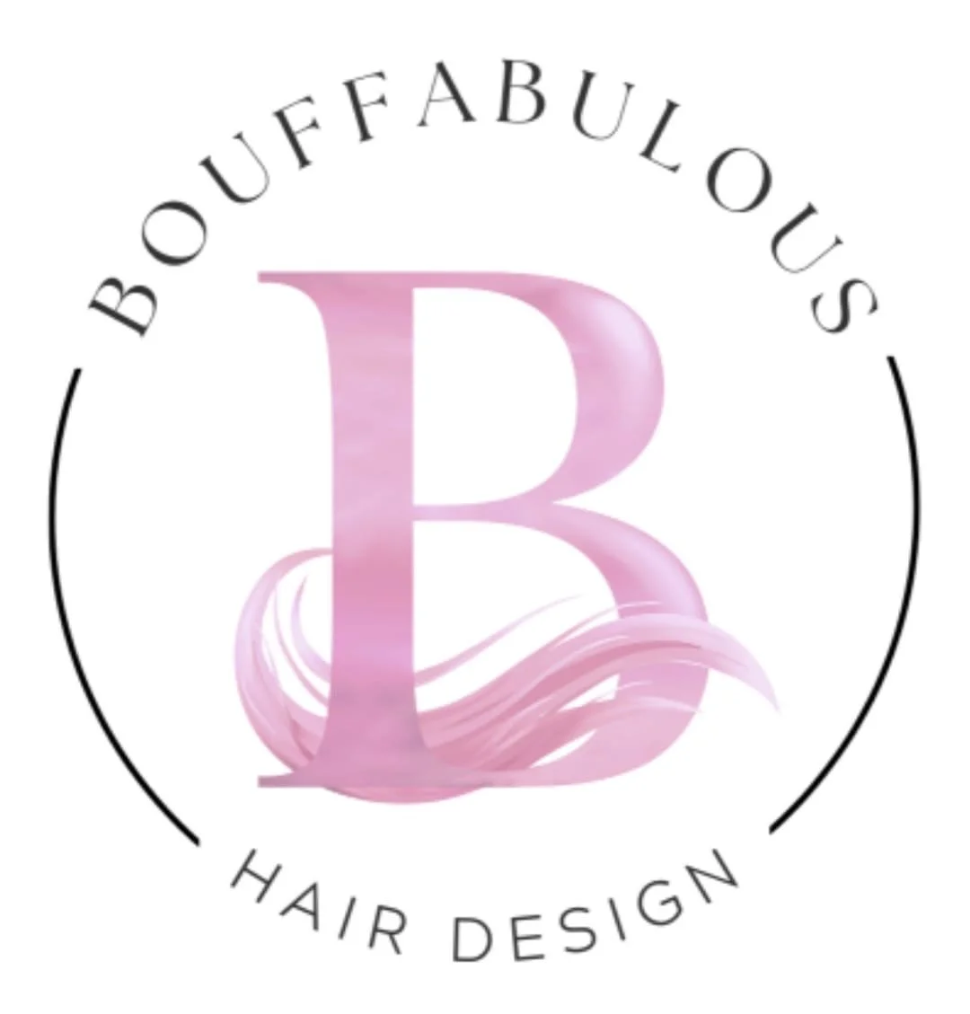Logo for Bouffabulous Hair Design featuring a large pink letter B with pink hair strands underneath, surrounded by black text that says 'Bouffabulous Hair Design' in a circular arrangement.