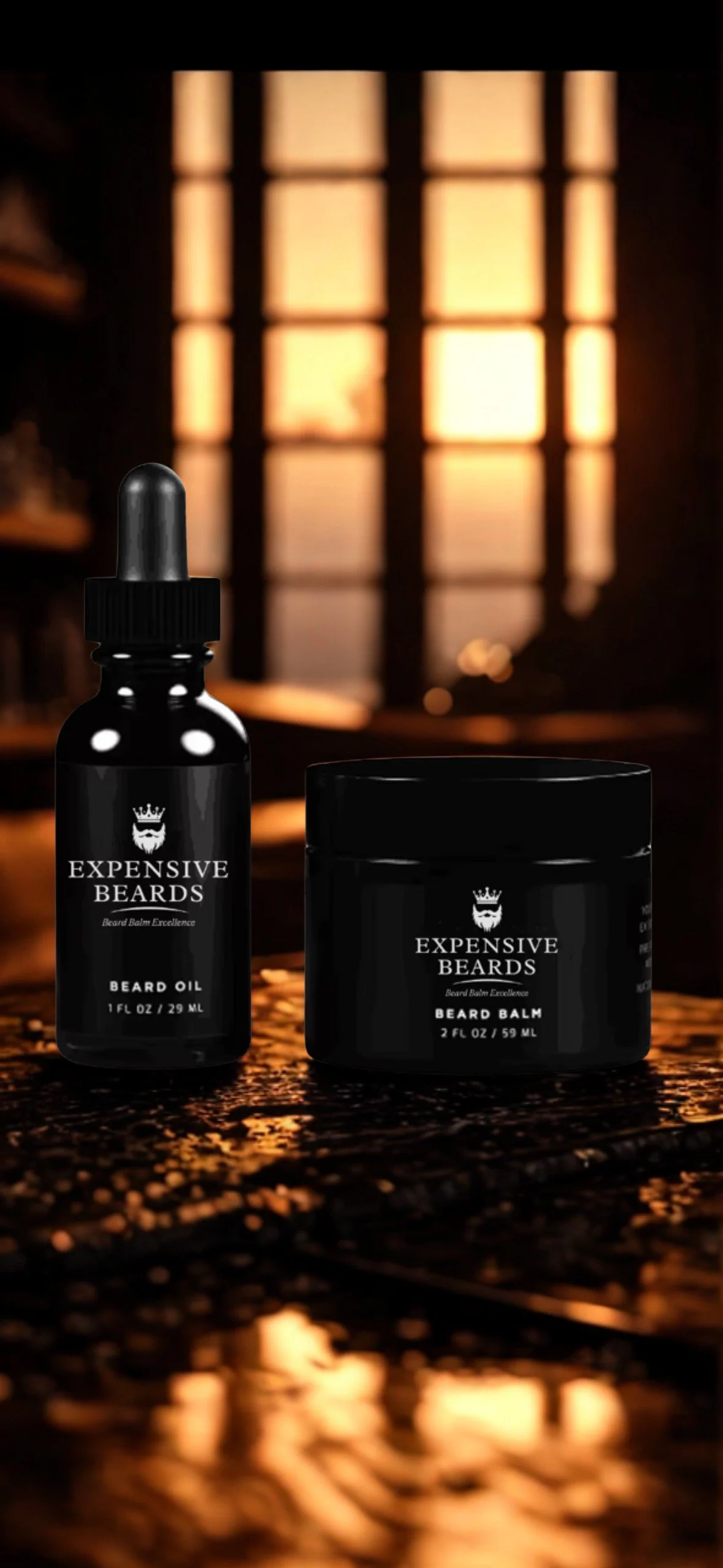 A black bottle of Expensive Beards beard oil and a black jar of beard balm on a reflective surface with a warm, blurred background of a window and sunset.