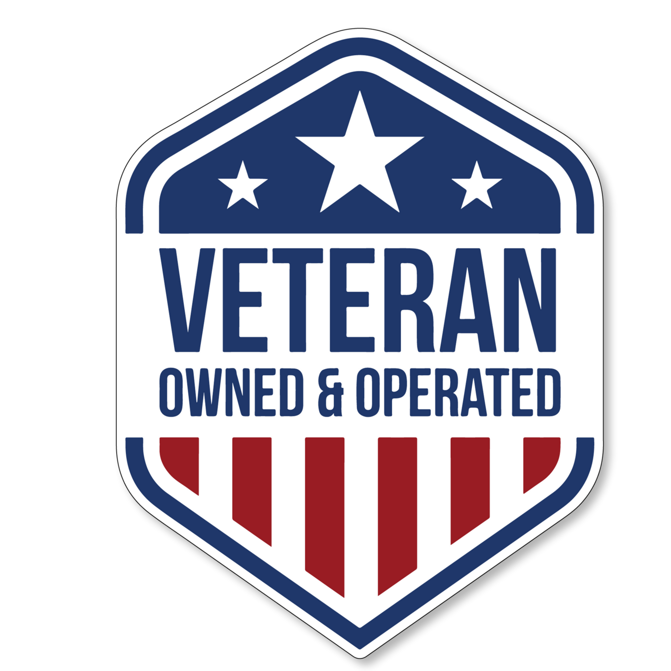 Emblem with white, blue, and red colors featuring stars and stripes, with the text "Veteran Owned & Operated" indicating a business owned and operated by military veterans.