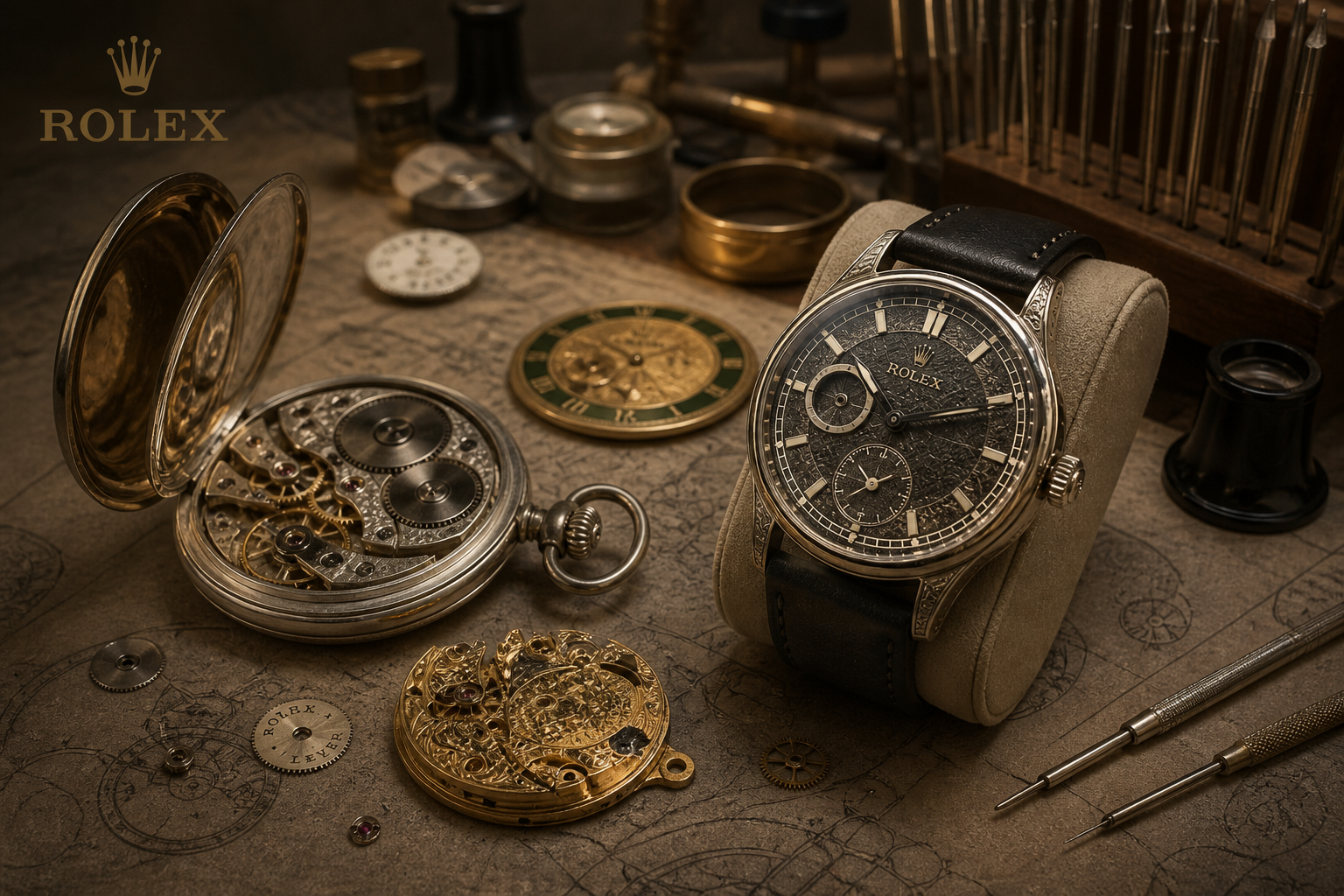 A vintage Rolex wristwatch with a black dial and leather strap, surrounded by watchmaking tools, watch parts, and gold and silver watch components on a workbench.