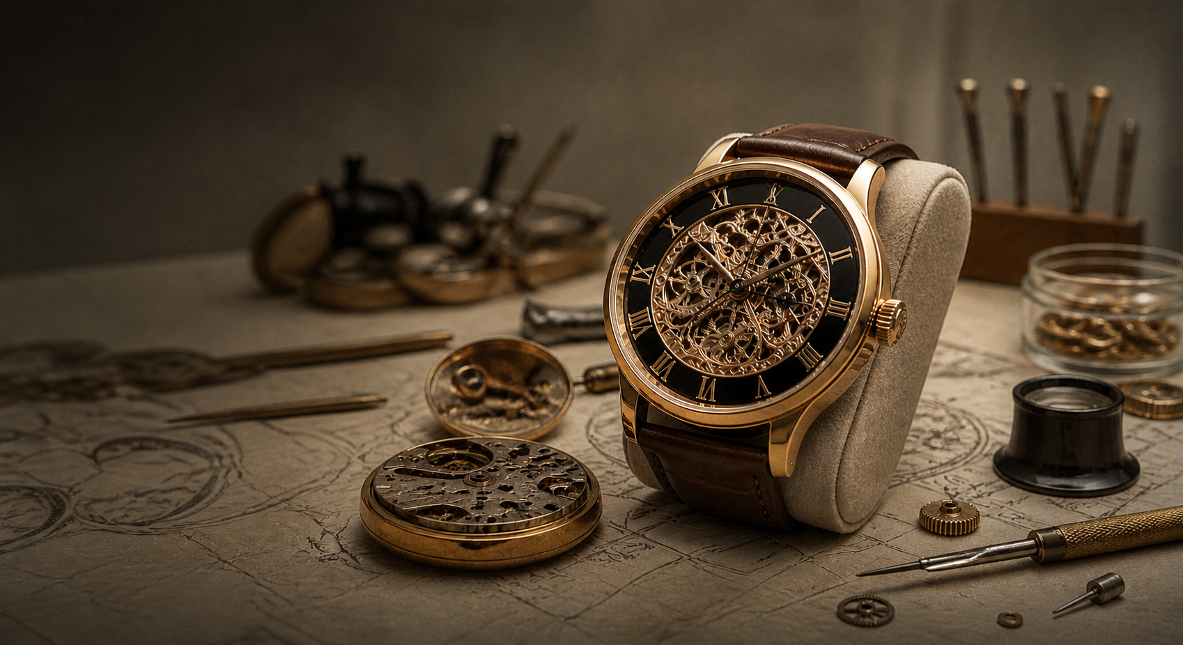 A luxury gold skeleton watch with a leather strap, surrounded by watchmaking tools and watch parts on a workbench.