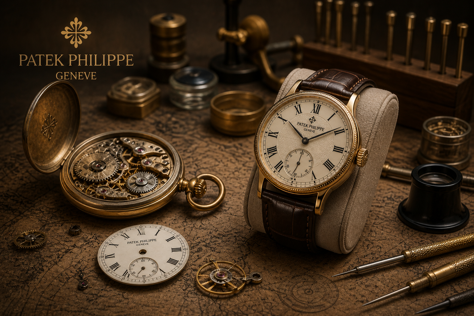 An elegant gold Patek Philippe wristwatch with a leather strap, surrounded by watch parts and tools on a vintage-style work surface.