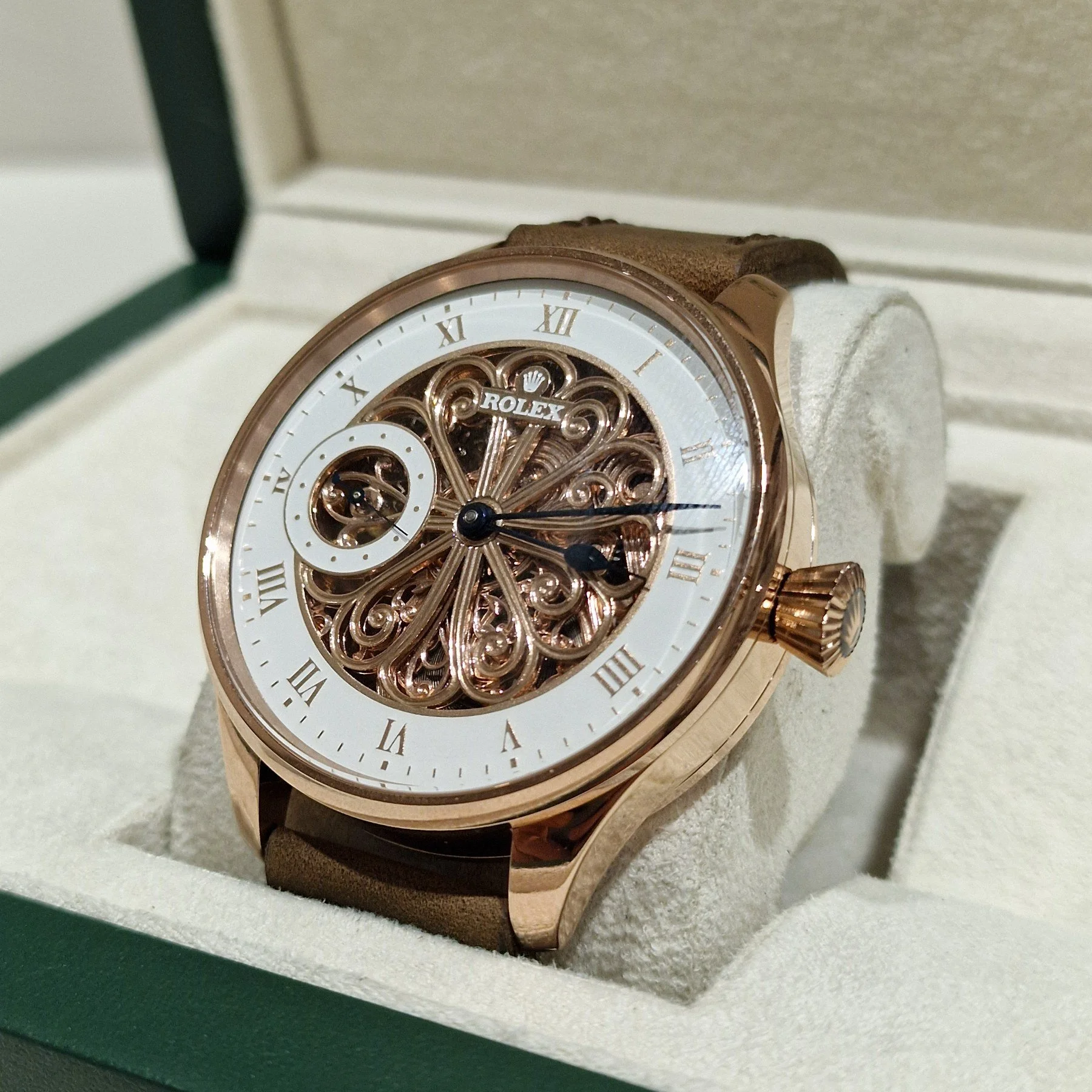 Exclusive Rolex 1920s Custom Rose Gold Plated Skeleton Watch with Floral Openwork Dial