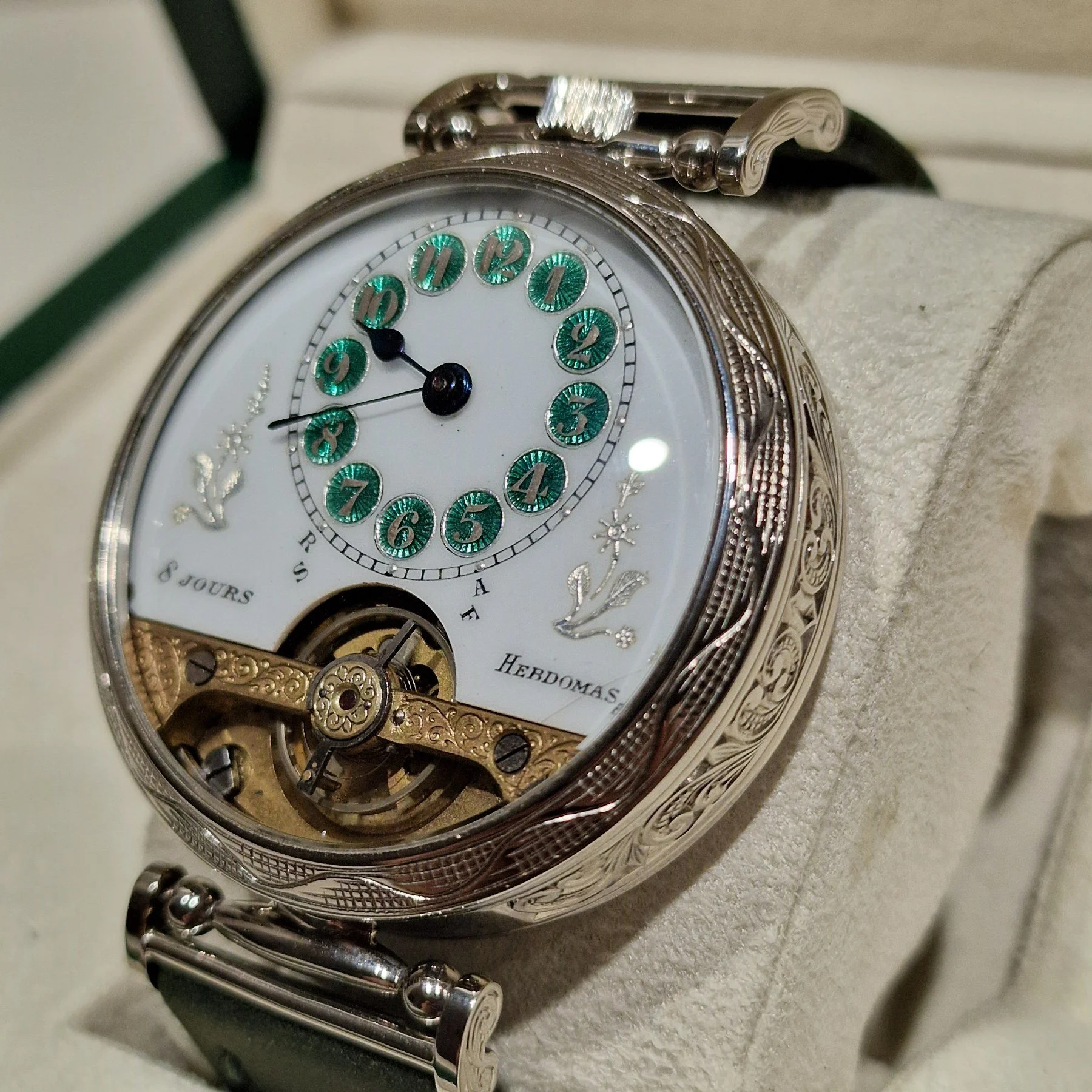 Exclusive Hebdomas 8 Jours Vintage Pocket Watch Conversion with Emerald Dial