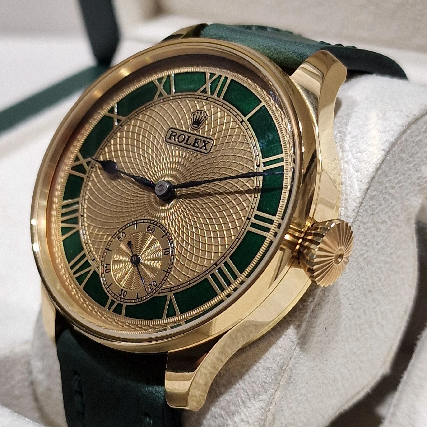 Exclusive Rolex 1920s Custom Pocket Watch Conversion with Emerald Guilloché Dial