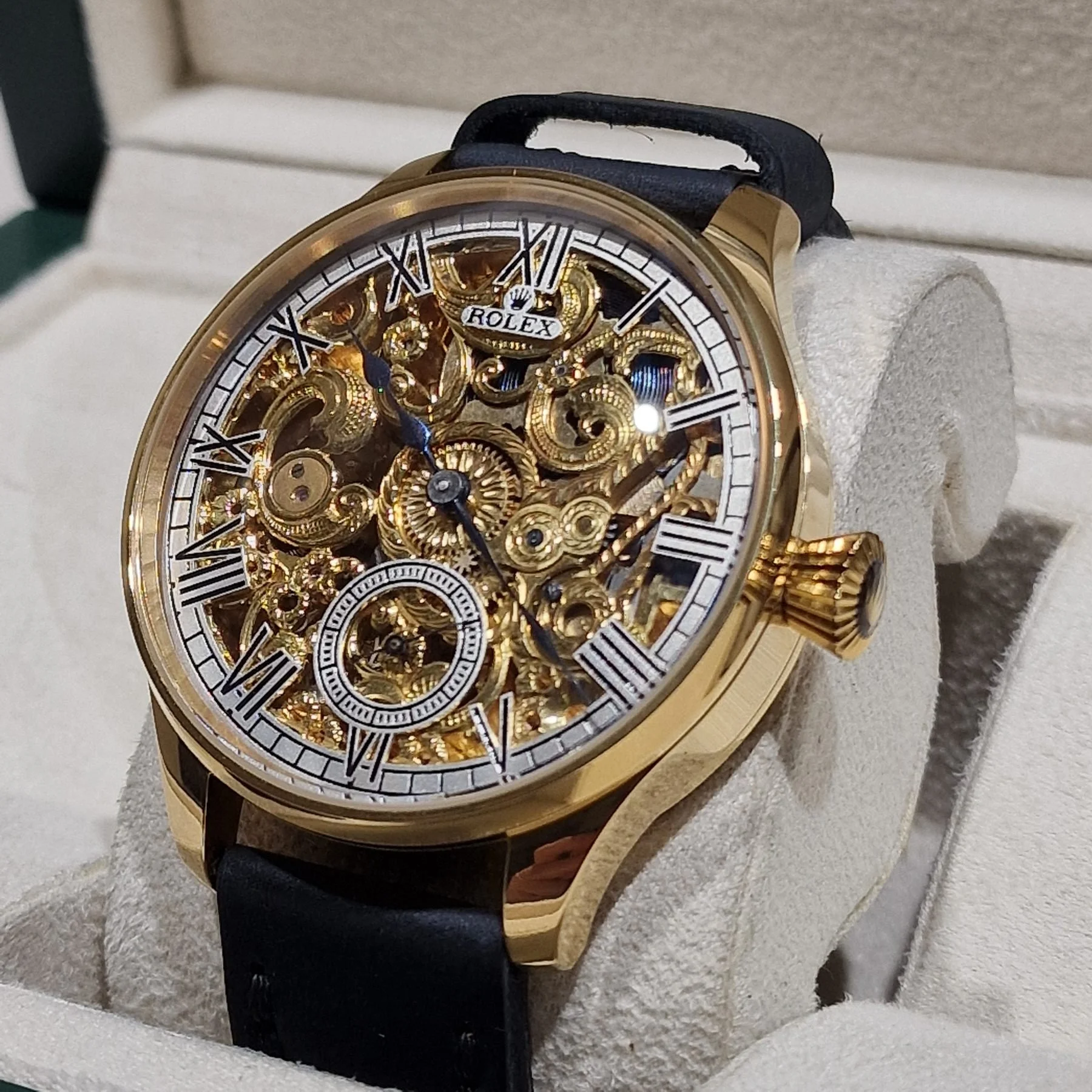 Exclusive Rolex 1920s Custom Skeleton Pocket Watch Conversion – Gold Engraved Movement Dial