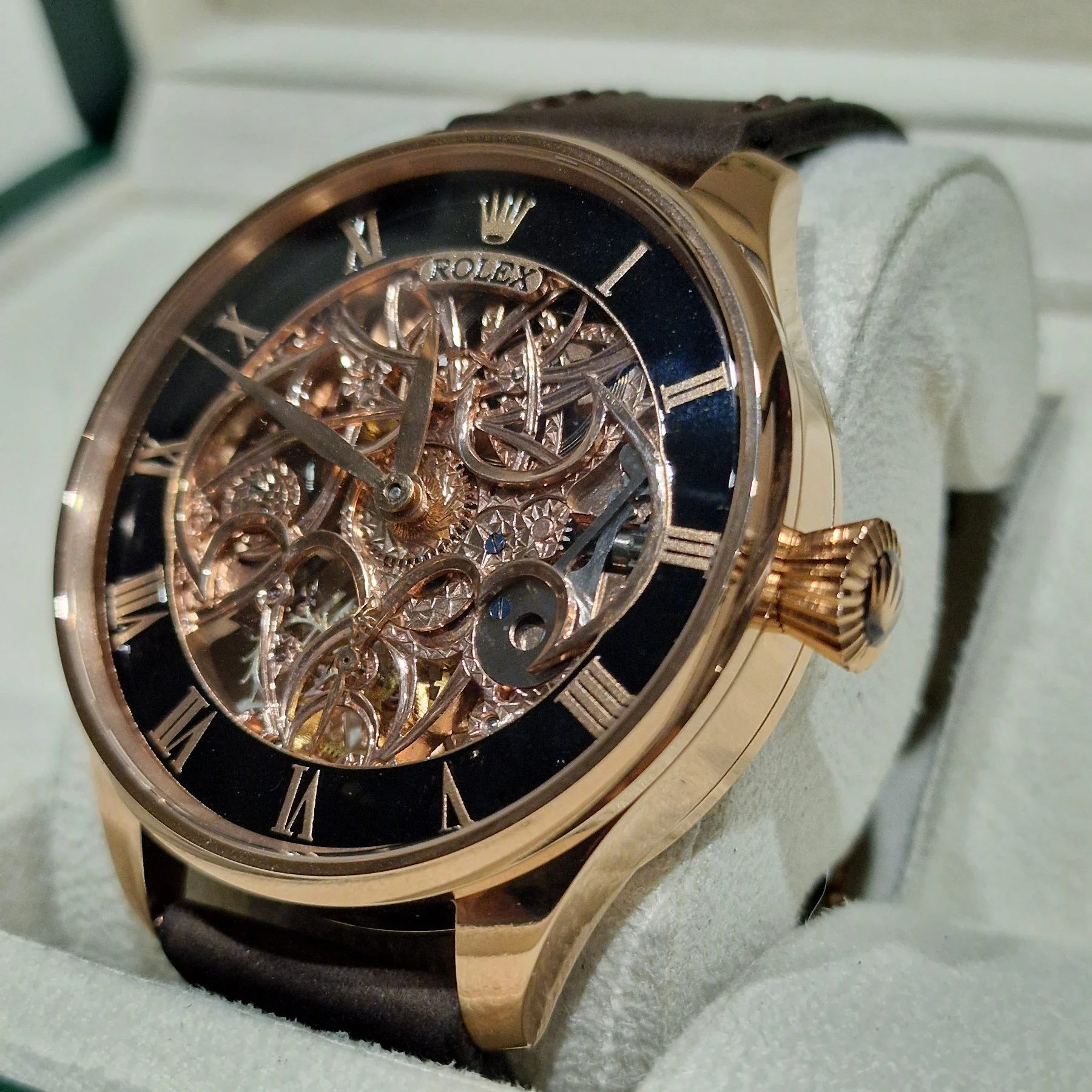 Exclusive Rolex 1920s Custom Skeleton Watch – Black & Rose Gold Edition