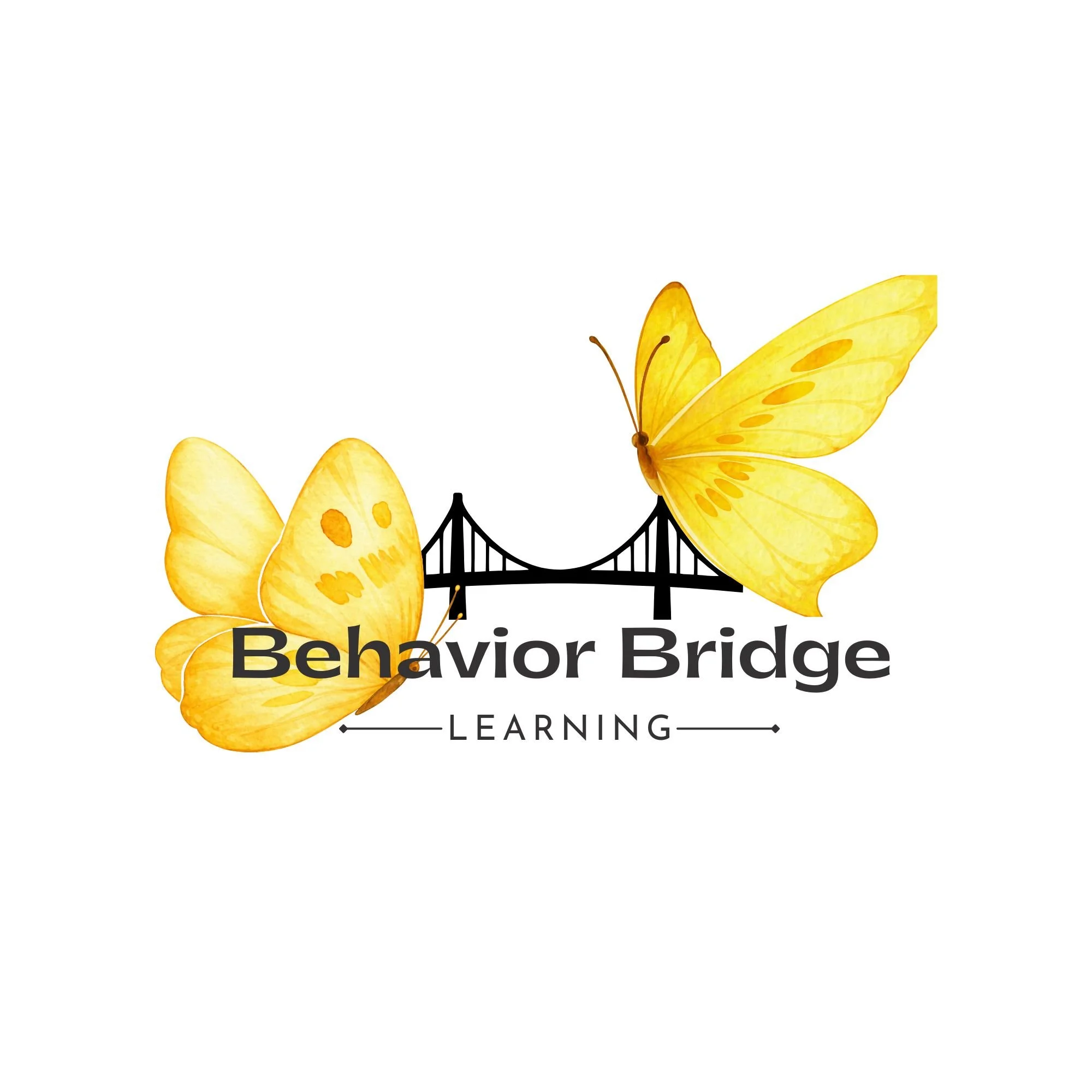The image features the words 'Behavior Bridge' with a bridge graphic and the word 'LEARNING' underneath, decorated with yellow butterflies.
