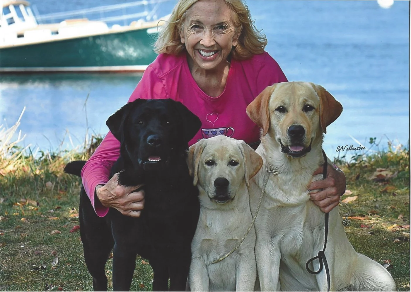 A woman with a pink shirt smiling and hugging three Labrador retrievers, two yellow and one black, outdoors near a body of water with a boat in the background.