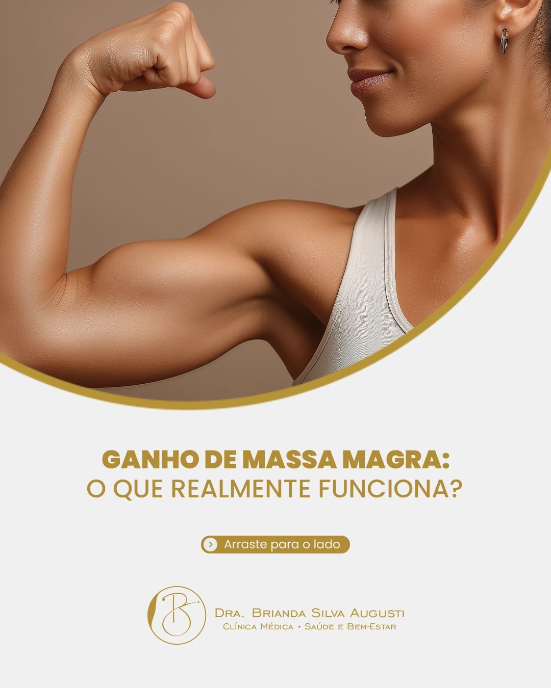 Imagem de uma mulher segurando o braço, mostrando definição muscular, com destaque para o bíceps, com texto em português relacionado a ganho de massa magra e saúde.