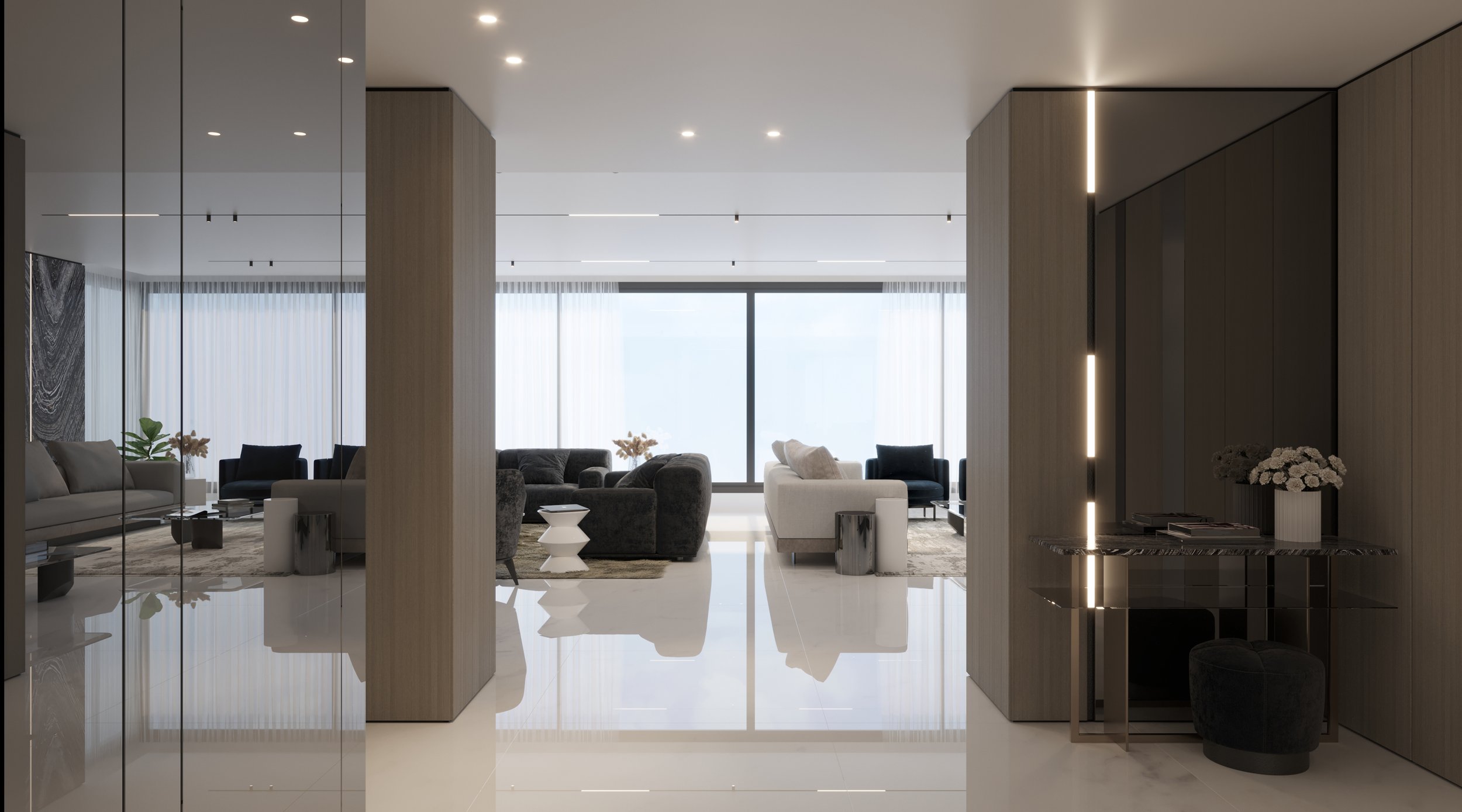 Modern living room with large windows, minimal decor, and stylish furniture including sofas, armchairs, and side tables, viewed through a glass wall.
