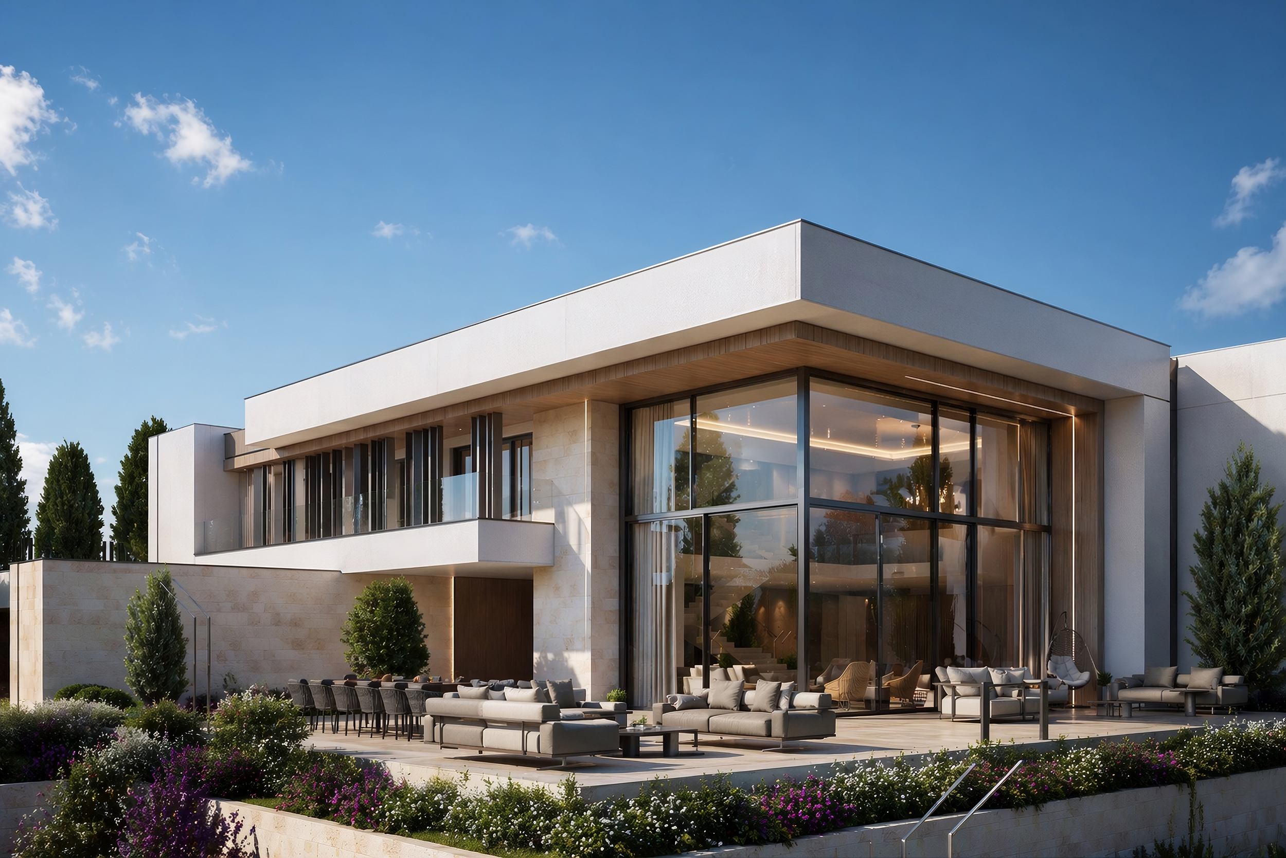 Modern house with large windows, outdoor seating, surrounded by greenery, under a blue sky.
