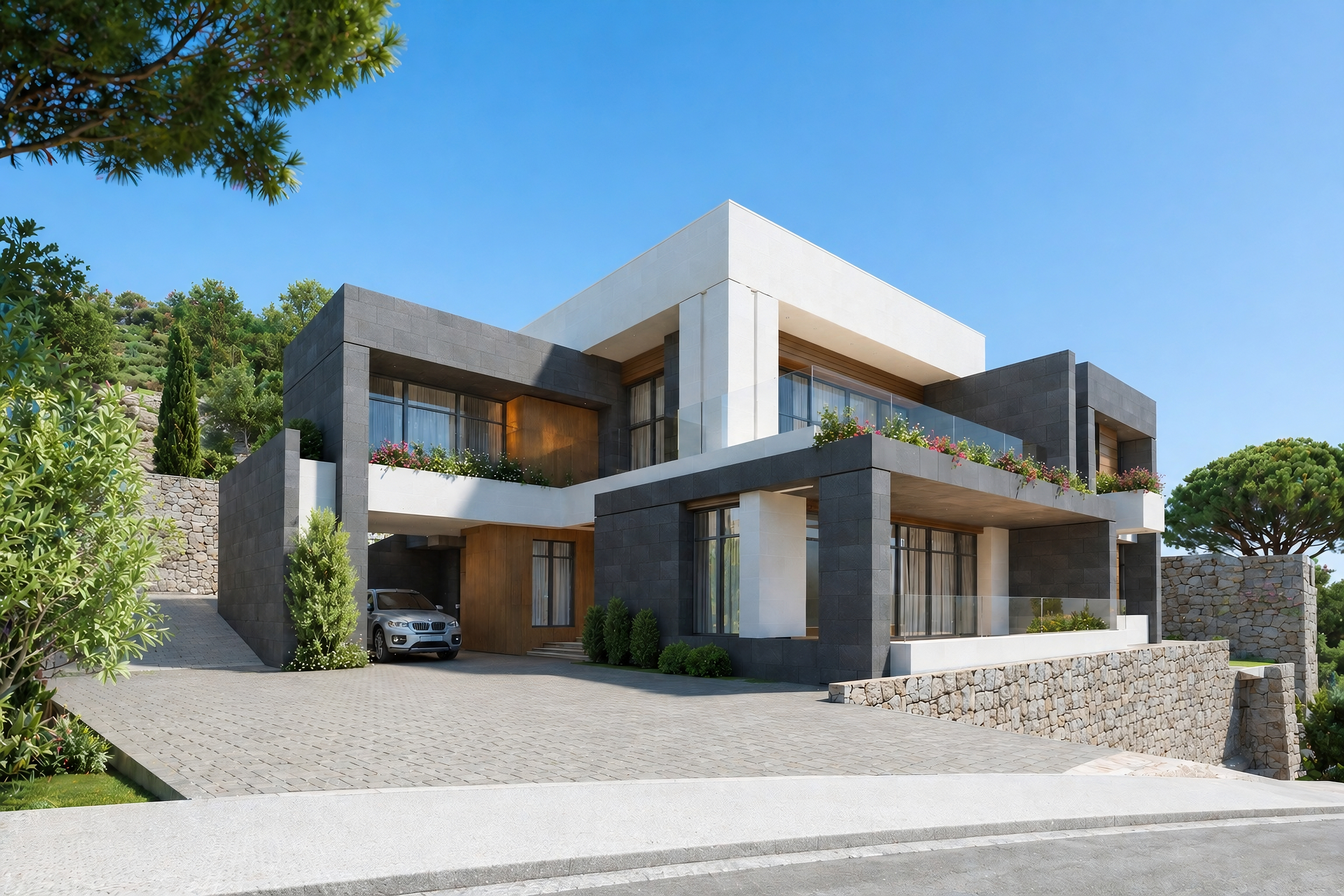 Modern multi-story house with large glass windows, balcony with glass railing, and landscaped garden, on a sunny day with blue sky.