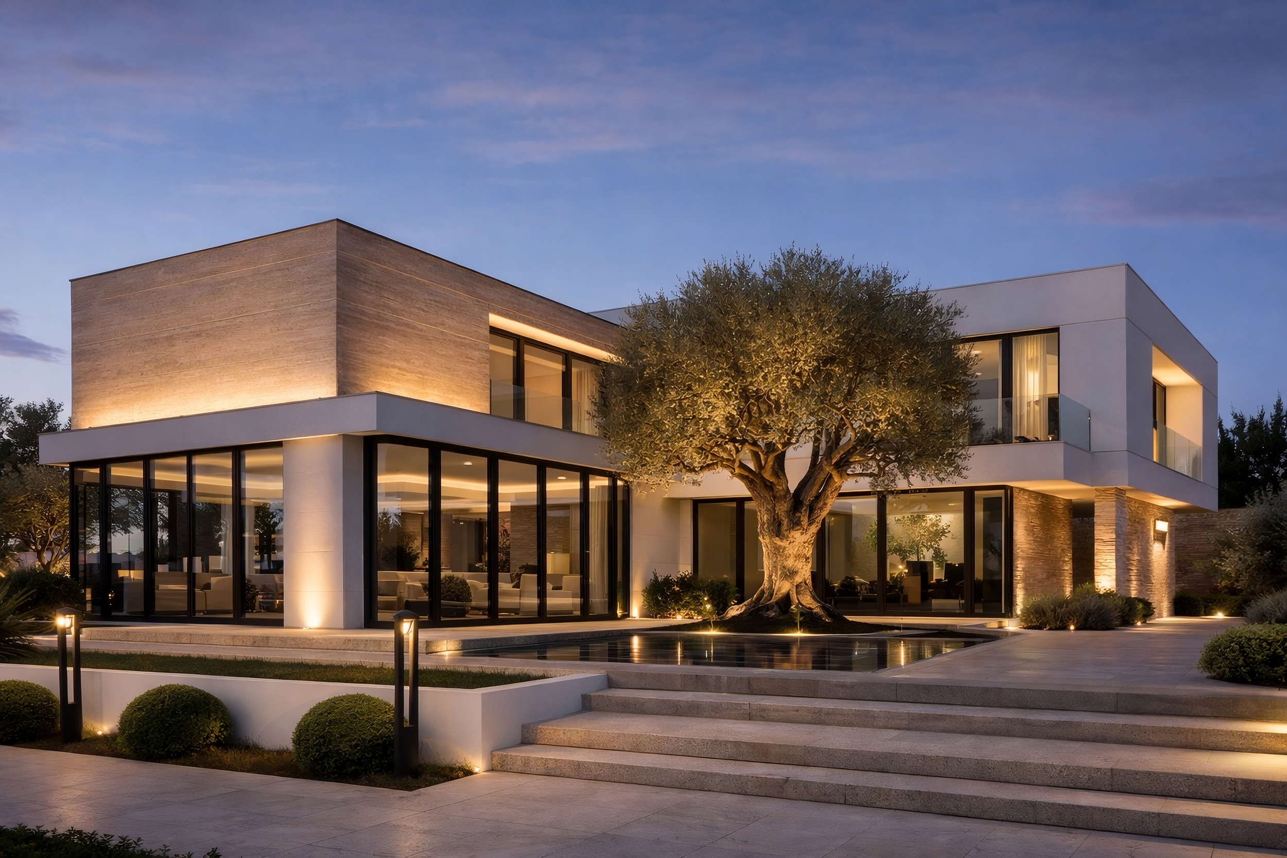 Modern two-story house at dusk, with illuminated windows, a large tree in the front yard, walkway with stairs, and landscape lighting.