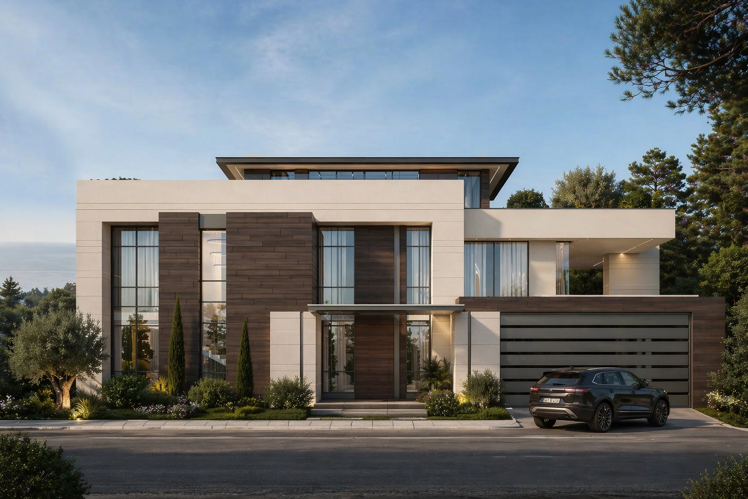 Modern multi-story house with large glass windows, wooden paneling, and landscaped front yard with trees and shrubs, parked car in driveway, under a clear blue sky.
