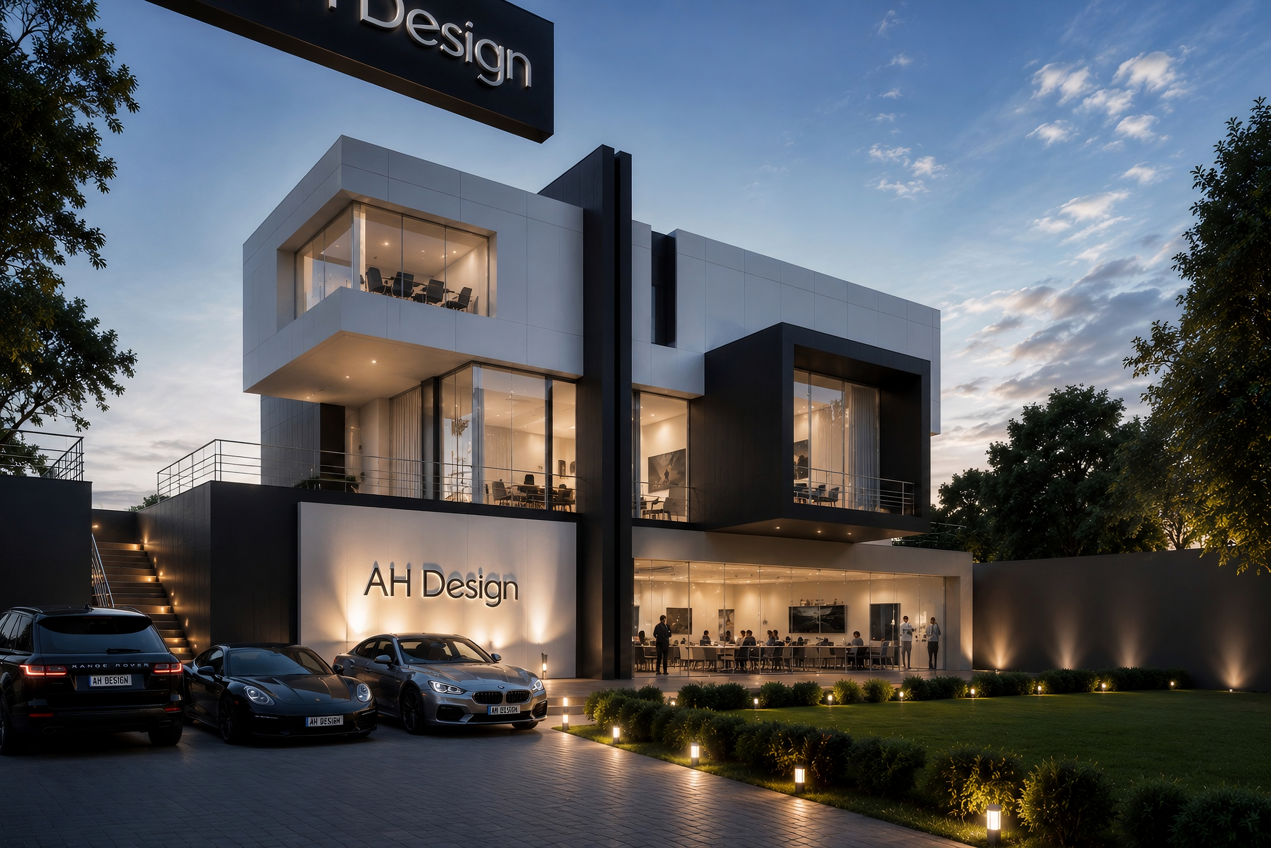 A modern multi-story building with white and black exterior walls, large glass windows, and a sign that reads 'AH Design'. The building has a well-lit interior with visible meeting rooms and people inside. There are cars parked in front, a landscaped