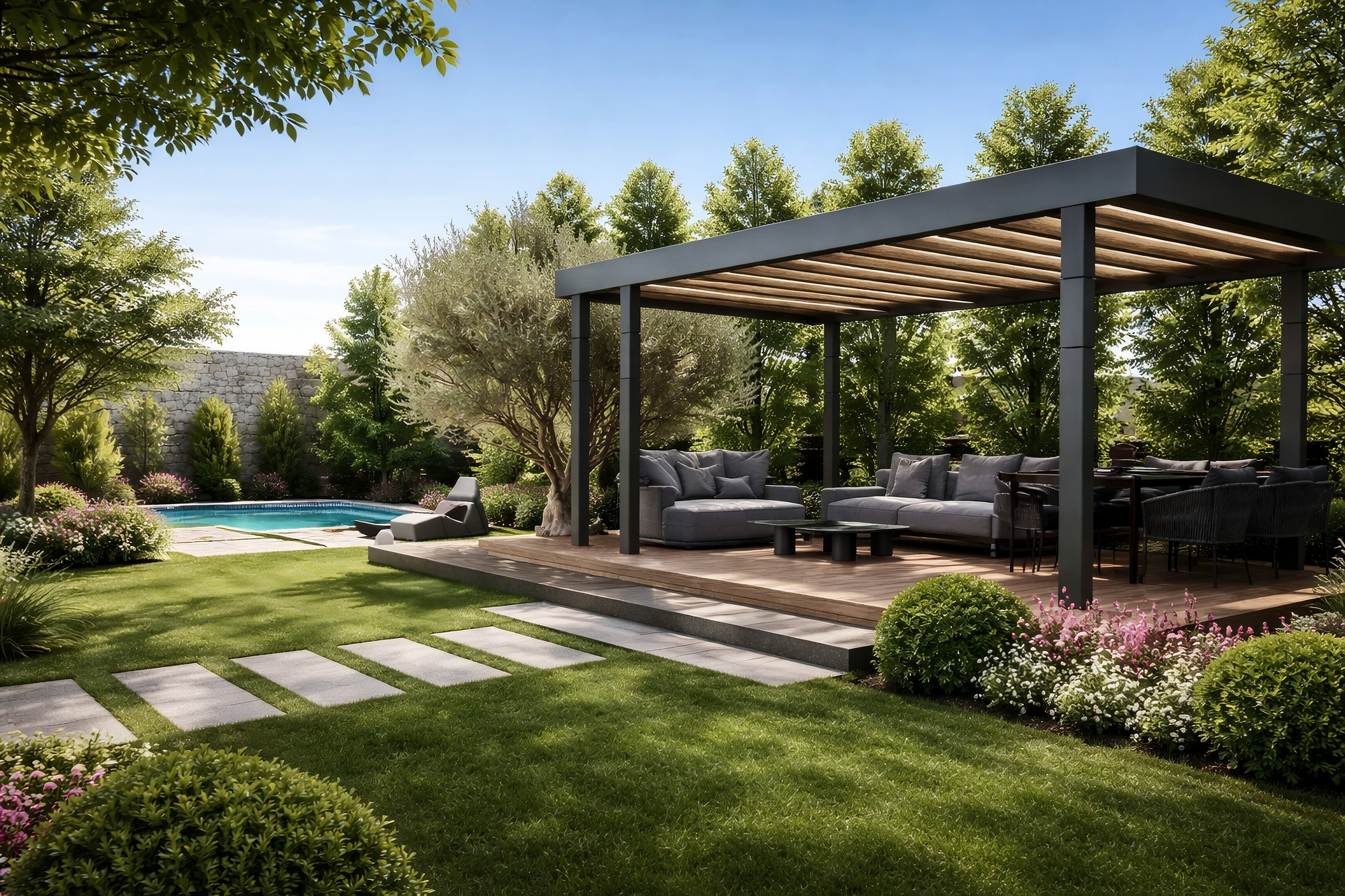 Backyard with a swimming pool, lush green grass, flowering bushes, tall trees, and a modern outdoor patio with seating, covered by a pergola.
