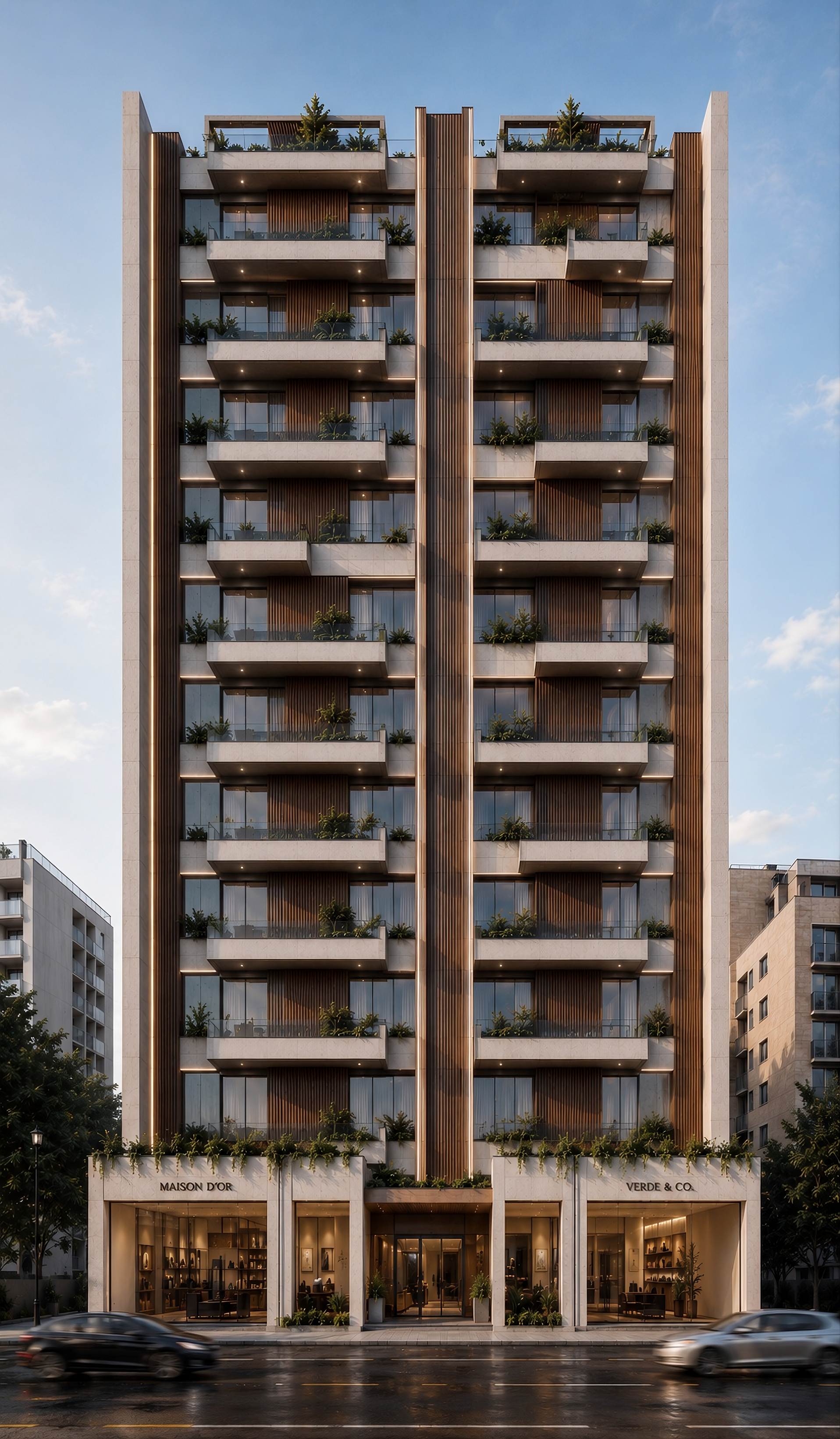 Modern multi-story building with balconies and greenery on each floor, storefront at street level, and cars passing in front, during evening with lit windows.
