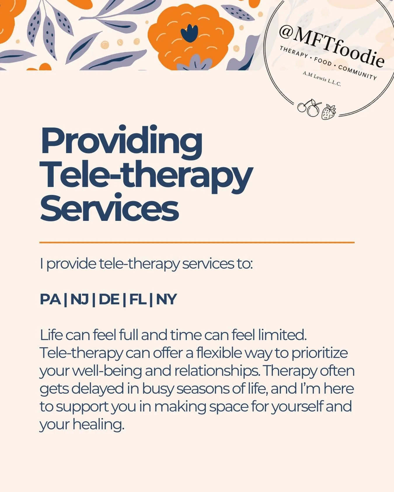 Therapy doesn&rsquo;t have to wait for life to slow down.
Life can feel full and time can feel limited.

Tele-therapy is a flexible way to prioritize your well-being and relationships, without adding more to your plate.

If you&rsquo;ve been putting 