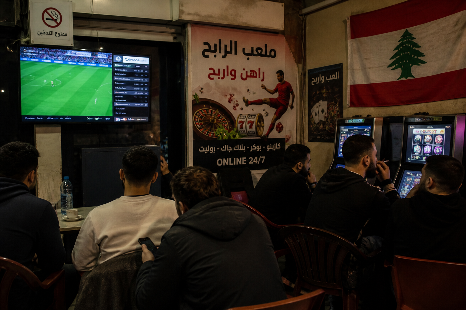 Group of men playing video slot machines in a bar with Lebanese flag and advertisements on the wall.