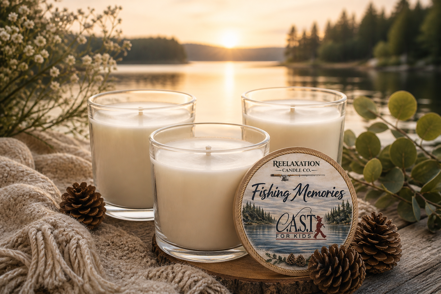 Fishing Memories soy candle by the lake at sunset supporting C.A.S.T. for Kids