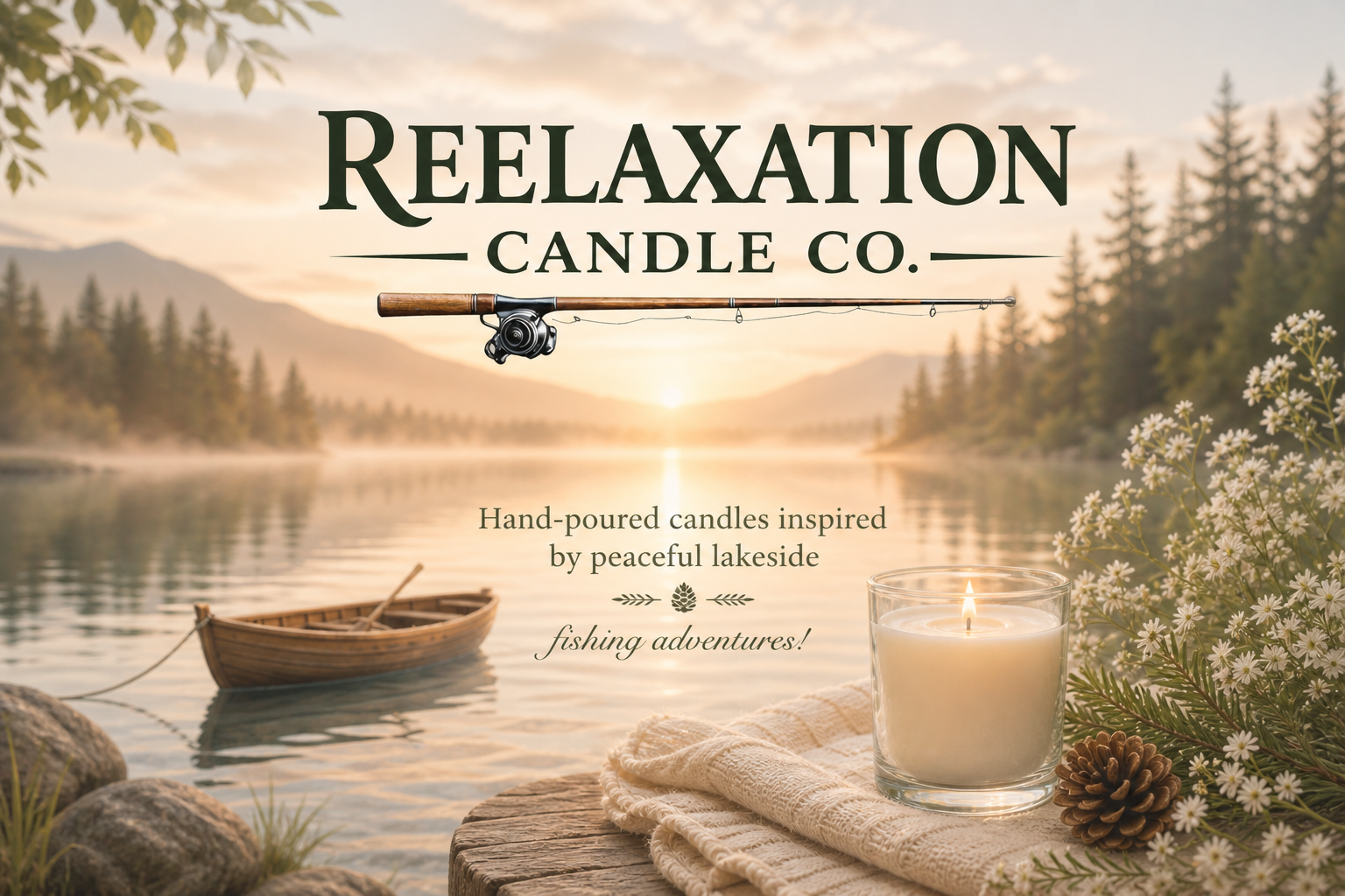 Reelaxation Candle Co soy candle by the lake at sunset with calm outdoor setting