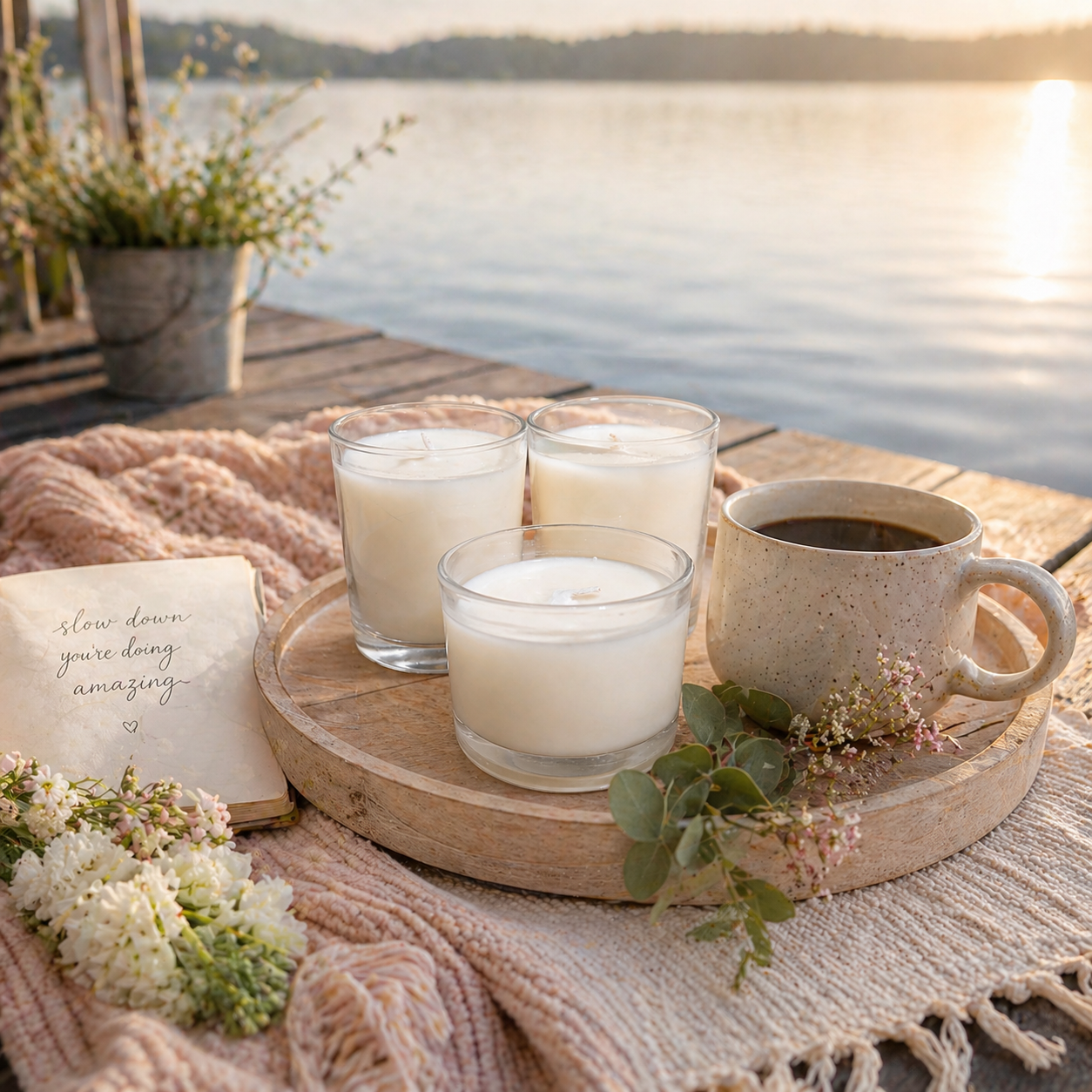 A lakeside scene with a wooden table set with a tray holding a cup of black coffee, three candles, and some greenery, with a blanket and flowers nearby. A note reads 'slow down you're doing amazing' amid flowering plants, by a body of water at sunset.