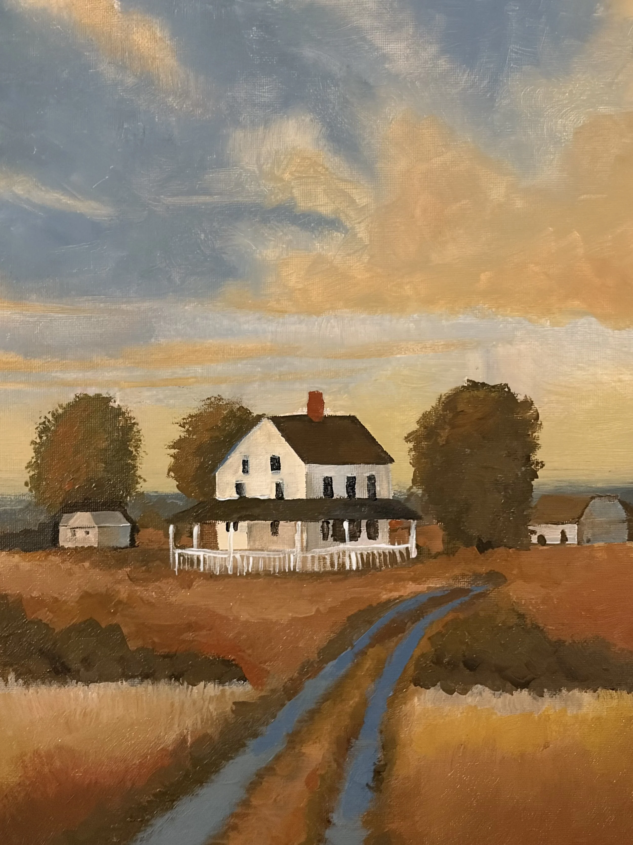 A painting of a countryside scene at sunset with a white house featuring a red chimney, surrounded by trees and a winding stream.