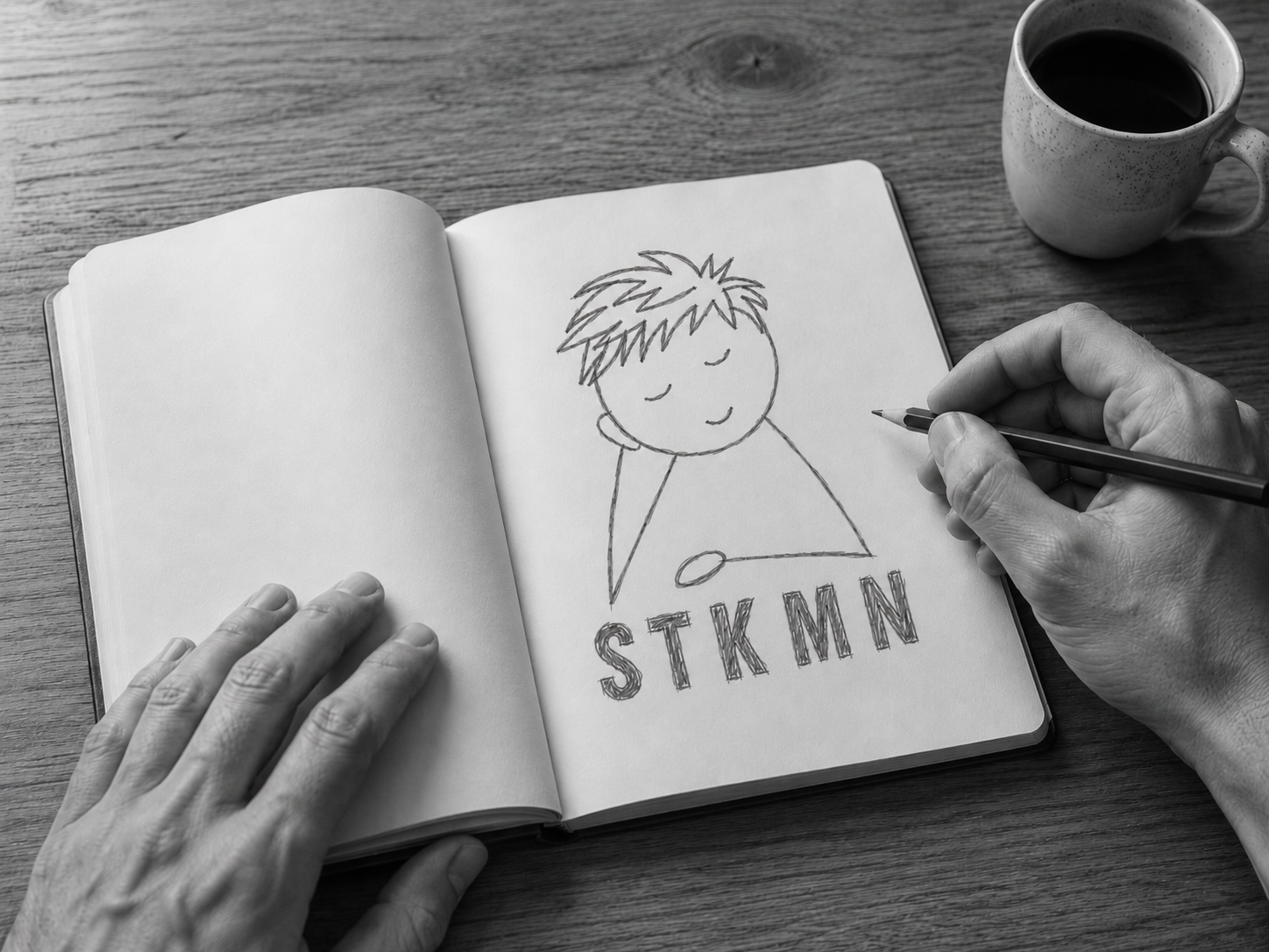 A person drawing a sketch of a smiling cartoon boy with spiky hair on a notebook page. The drawing is accompanied by the name 'STKMN' written below.