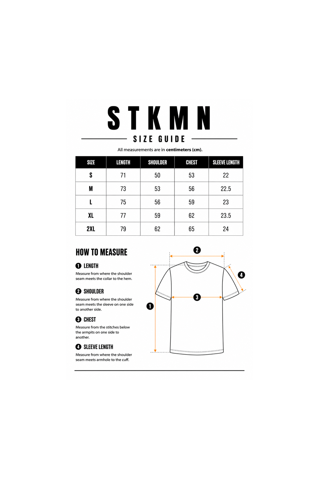 STKMN Essential Tee size guide in centimetres.