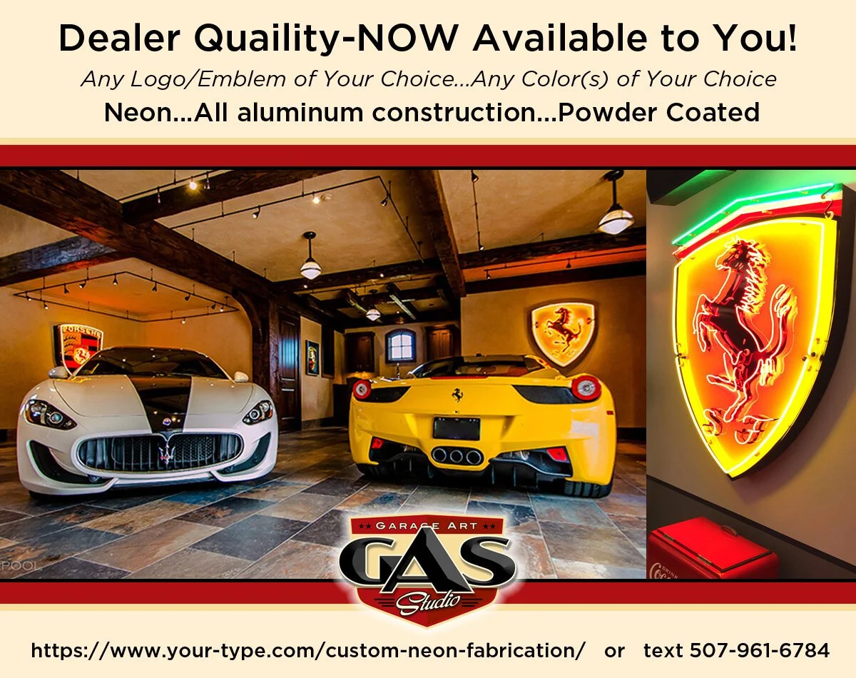 An advertisement for custom neon car emblems featuring two sports cars inside a showroom, with a Ferrari and Porsche logo on the wall, and a neon Ferrari emblem on the right side.