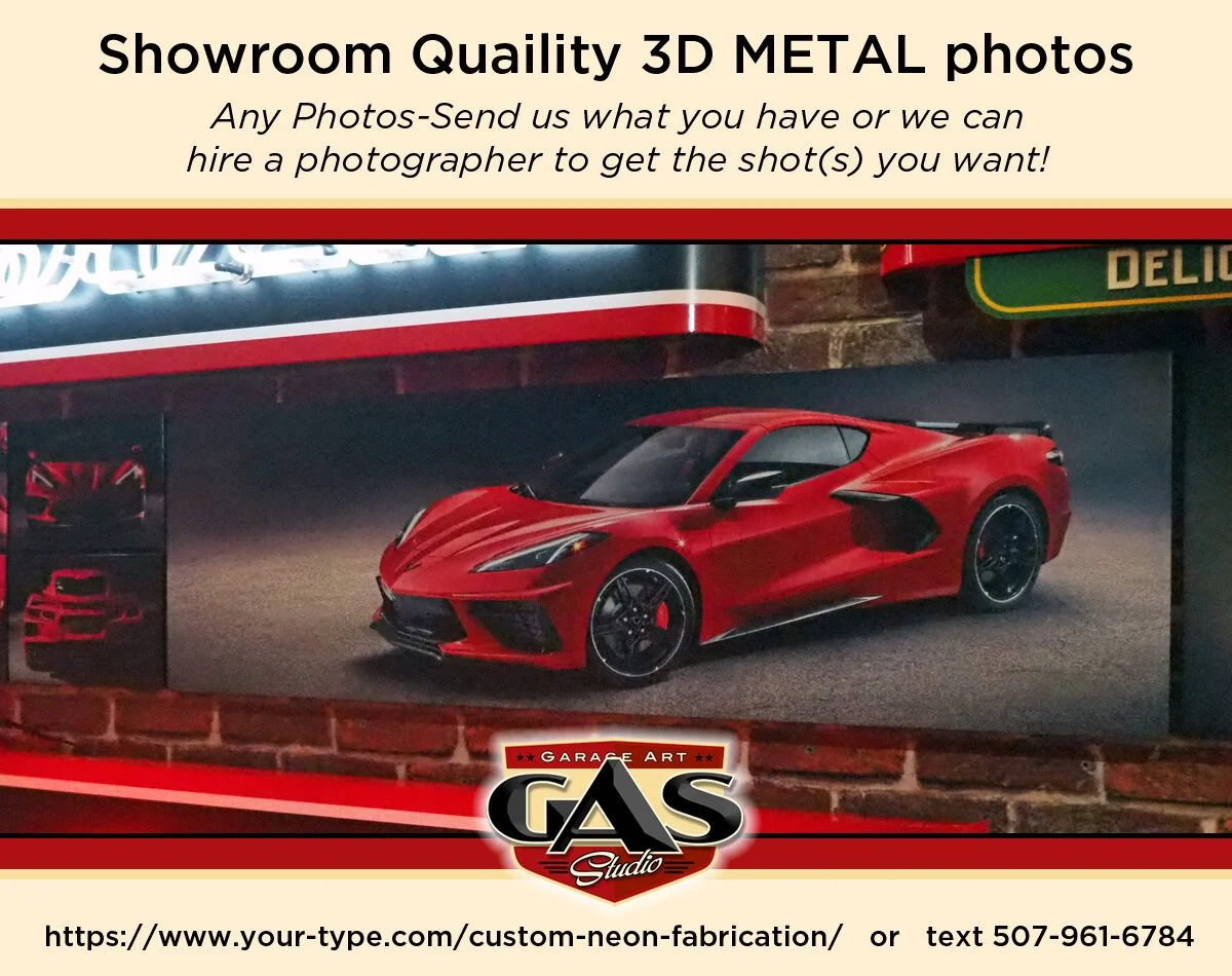 Advertisement for showroom-quality 3D metal photos, featuring a red sports car in the center, with smaller images of different car angles to the left, and a logo at the bottom reading 'Garage Art Gas Studio,' along with a website URL and contact numb