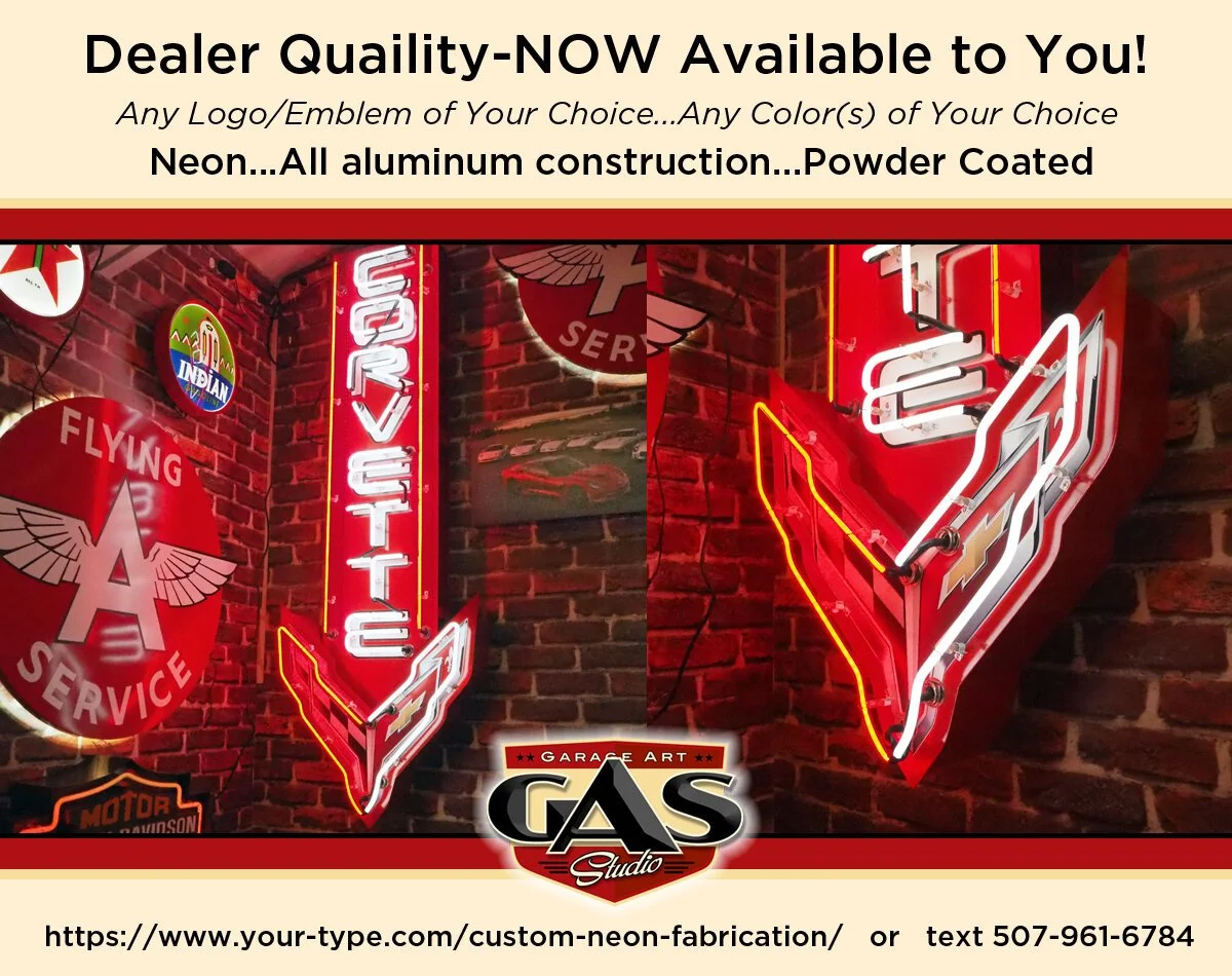 Advertisement for custom neon signs with a red and white Chevy logo, vintage gas station signs, and a Flying A Service emblem. The ad highlights durable, powder-coated aluminum construction and offers logo and color customization.