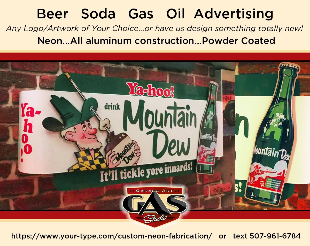 Vintage-style advertisement for Mountain Dew soda and gas station with cartoon man in checkered shirt holding a Mountain Dew bottle, brick wall background.