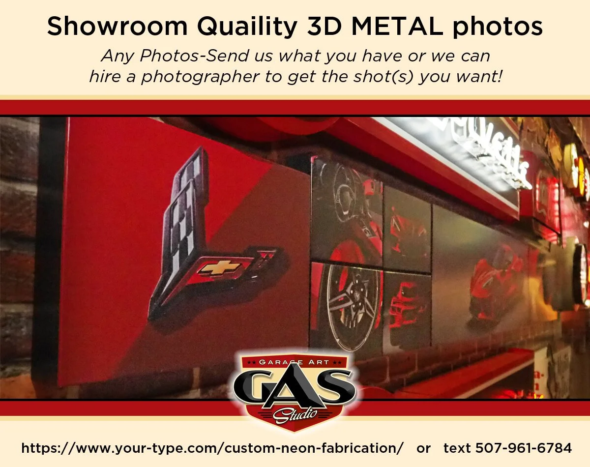 Advertisement for showroom quality 3D metal photos featuring images of a Chevrolet Corvette with racing wheels and a red sports car, along with a logo for Garage Art GAS Studio.