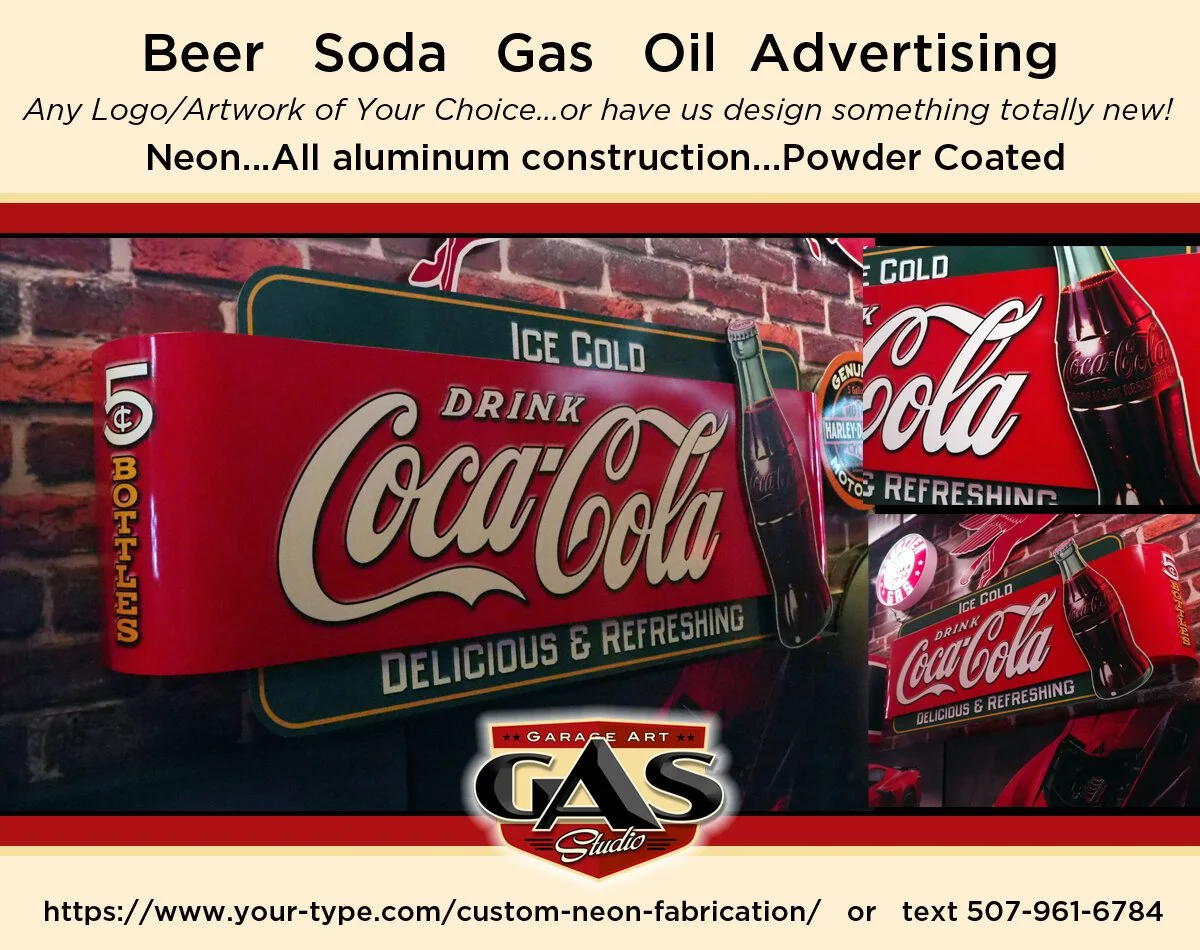 Retro style neon Coca-Cola sign advertising ice cold, delicious, refreshing soda in aluminum construction.