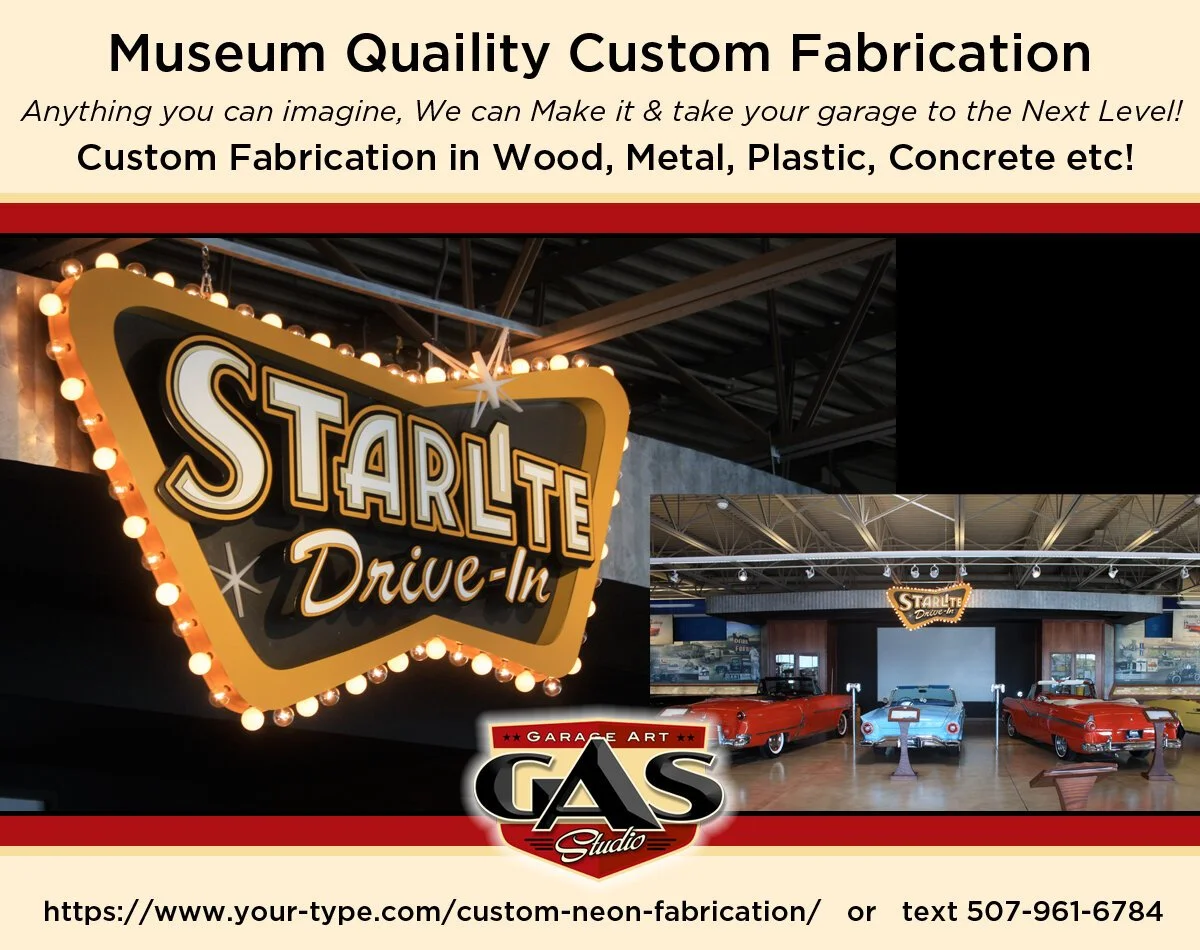 A poster advertising a custom fabrication shop specializing in wood, metal, plastic, and concrete. It features a vintage-style neon sign for 'Starlite Drive-In' and an exhibit of classic cars inside a garage or showroom.