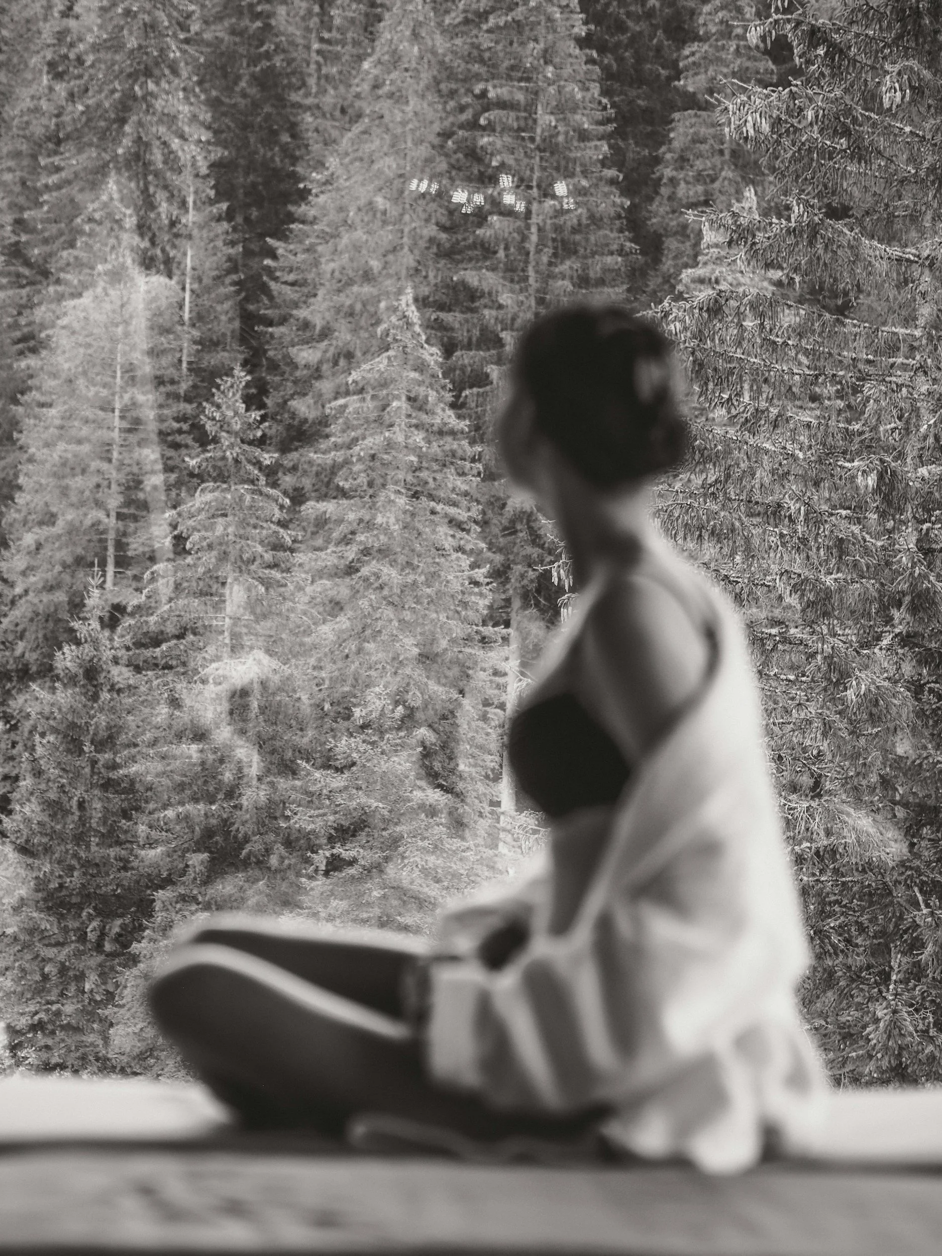 Woman meditation in nature, surrounded by a lush forest, gazing toward the pines