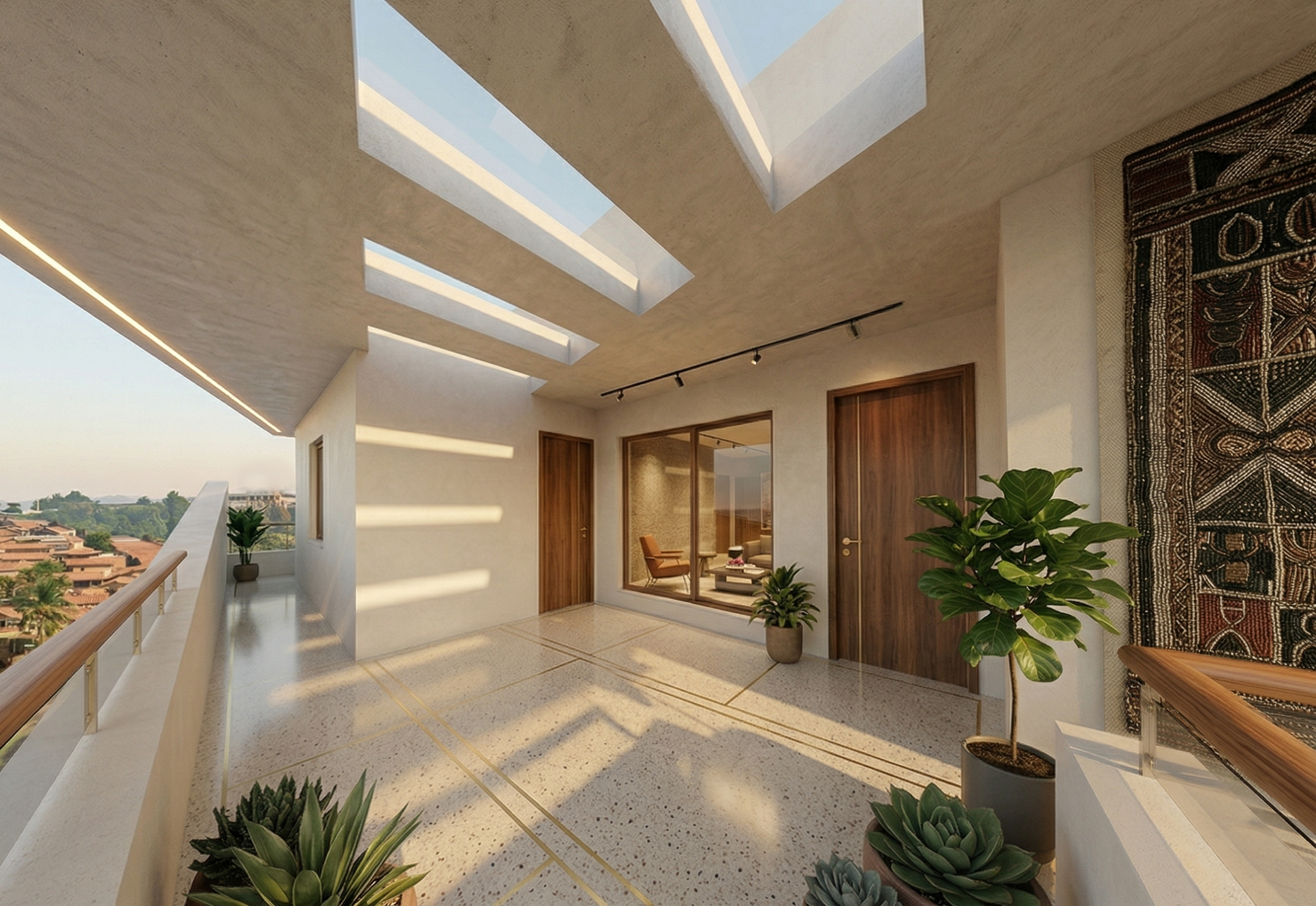 Balcon avec vue sur la ville, plafond avec fenêtres de toit, présence de plantes vertes, portes en bois et tapis berbère.
