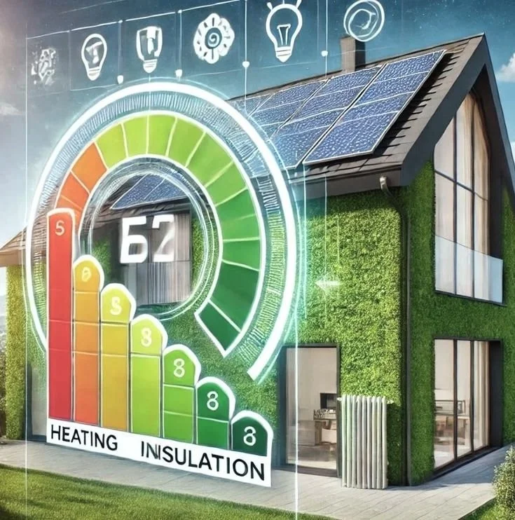 Une maison écologique avec des panneaux solaires sur le toit, entourée d'une végétation. Un graphique numérique affiche la performance énergétique de la maison, avec un score de 62, indiquant une efficacité énergétique moyenne. Le graphique montre également les niveaux de chauffage et d'isolation.