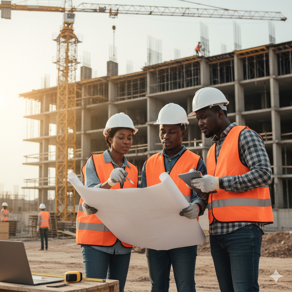 Trois ouvriers en casque de sécurité et gilet orange discutent devant un plan de construction sur un chantier.