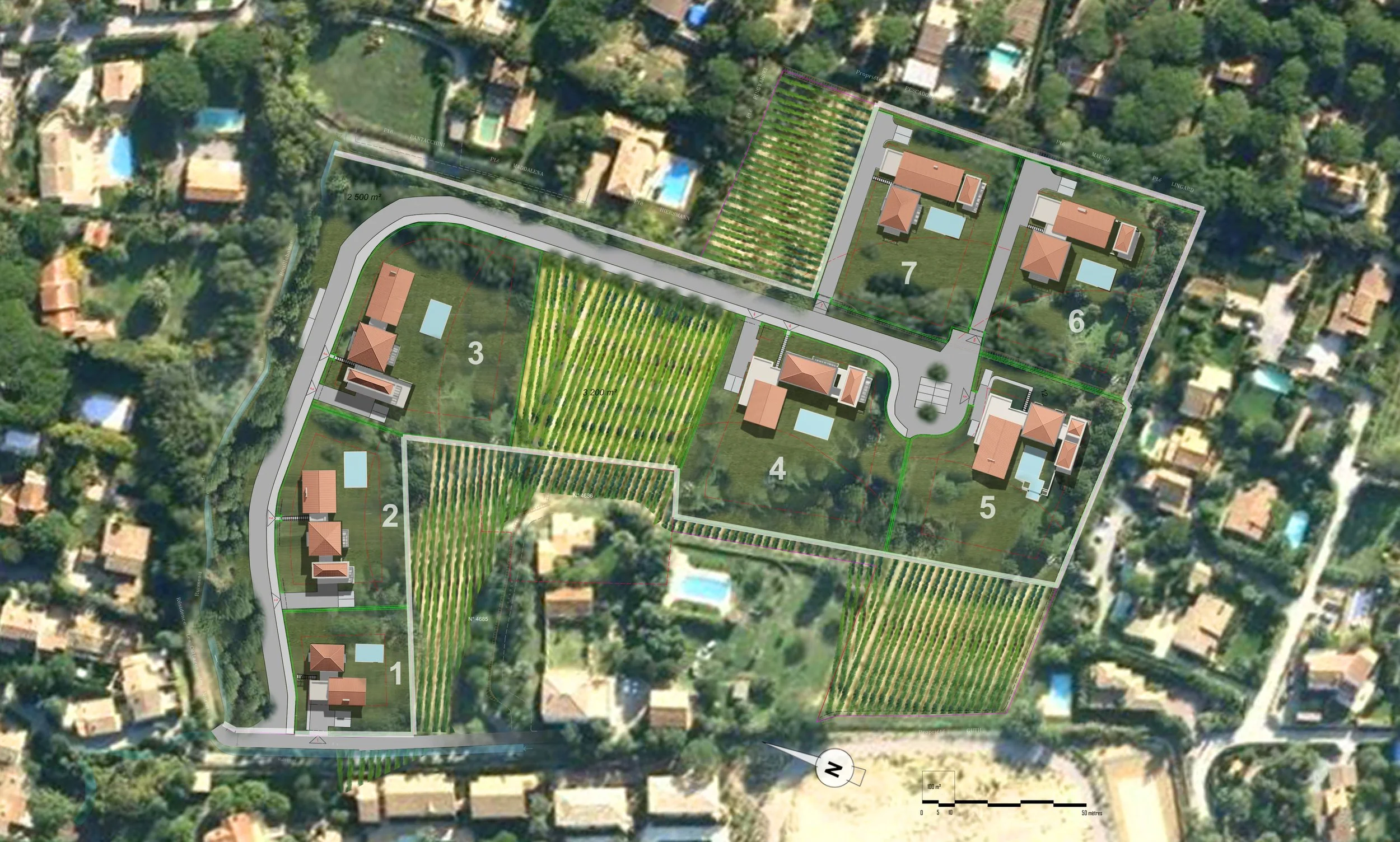 Plan architectural de un proyecto résidentiel avec plusieurs maisons, jardins, piscines, et une zone réservée à l'agriculture, entouré d'arbres et de maisons existantes.