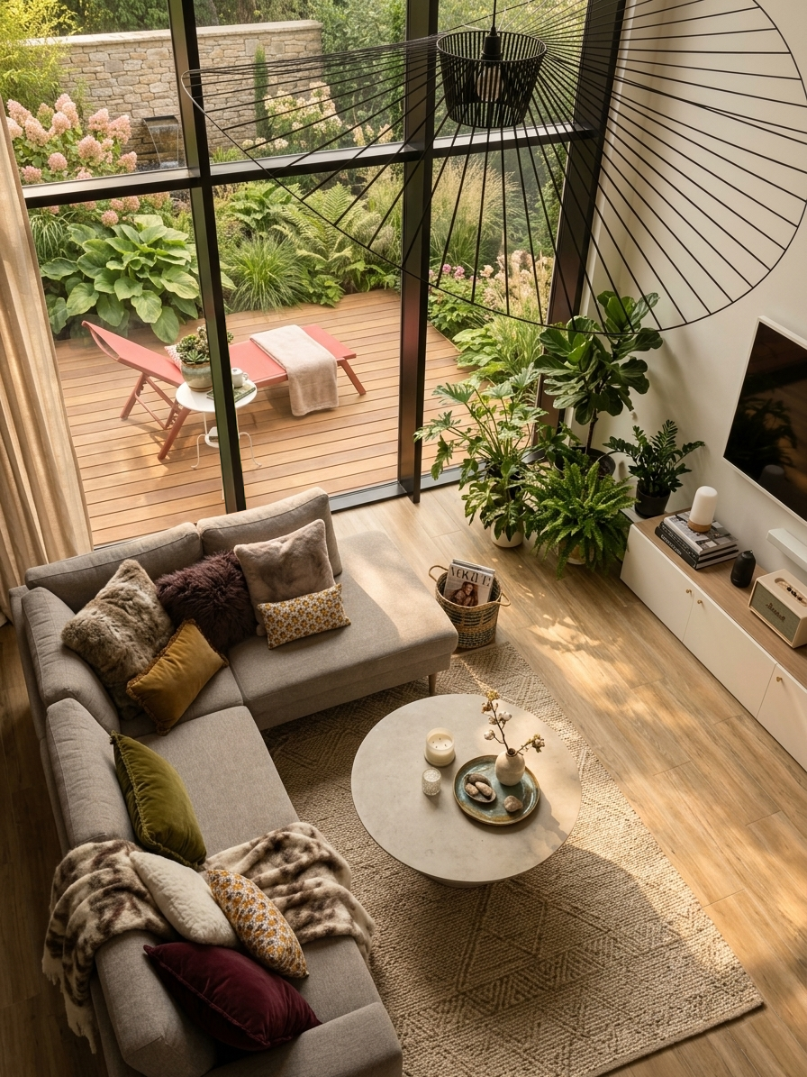 Salon moderne avec canapé gris, coussins, tapis beige, table basse ronde en marbre, décor végétal avec plusieurs plantes, écran de télévision, grande fenêtre donnant sur un balcon avec mobilier en bois et plantes, éclairage naturel.