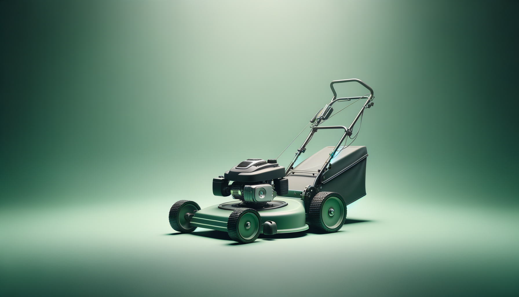 A modern robotic lawn mower with a sleek design, multiple wheels, a small engine, and a handlebar for control, set against a gradient green background.