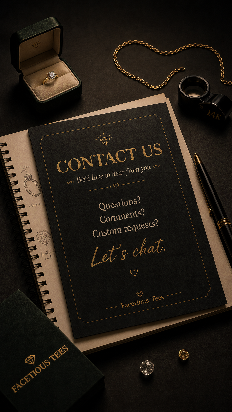 A dark-colored contact us flyer with gold text and accents, surrounded by jewelry including a diamond ring in a green box, a gold chain, and jewelry tools, on a black background.
