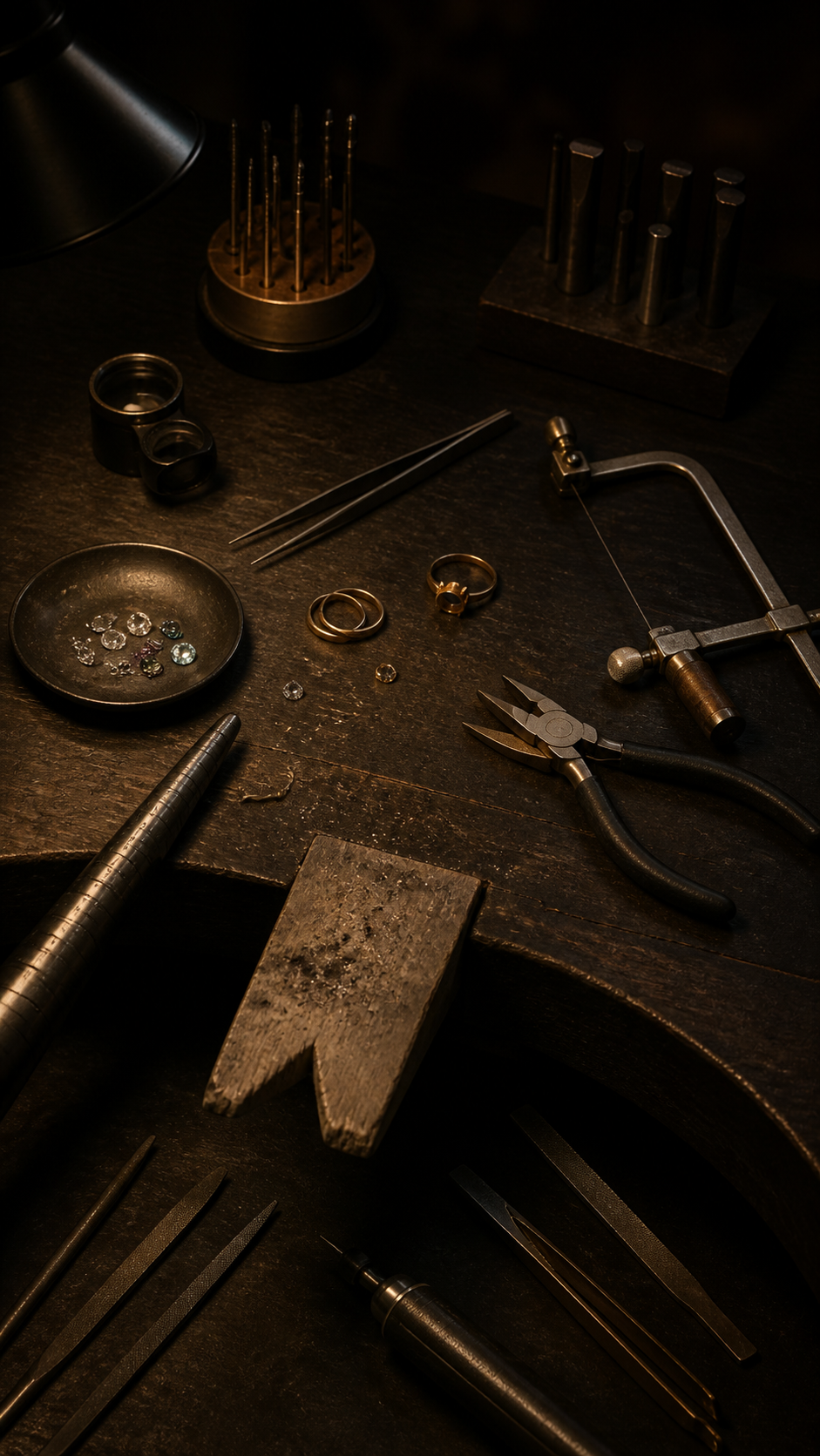 A jewelry workshop workspace with various tools, rings, and gemstones on a dark wooden surface.
