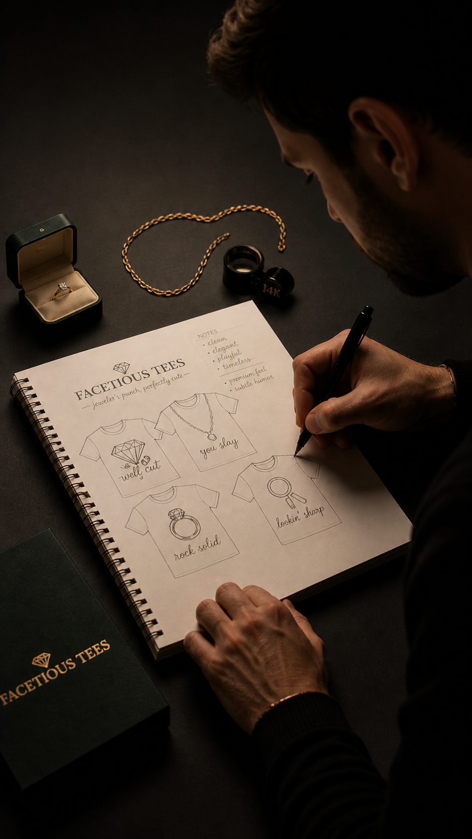 A person sketching jewelry-themed T-shirt designs in a notebook, surrounded by jewelry items including rings, a chain, and a ring box, with a presentation booklet titled 'Facetious Tees' on a black table.
