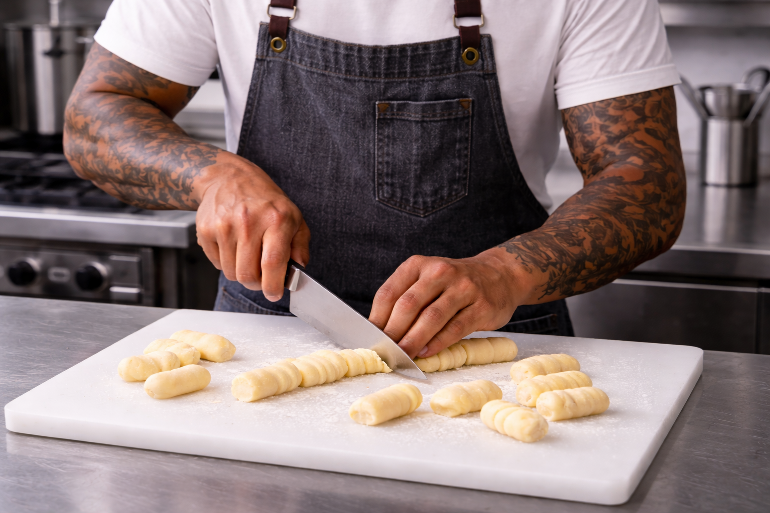 A person with tattoos wearing a white shirt and denim apron is cutting rolled dough into smaller pieces on a white cutting board in a professional kitchen.