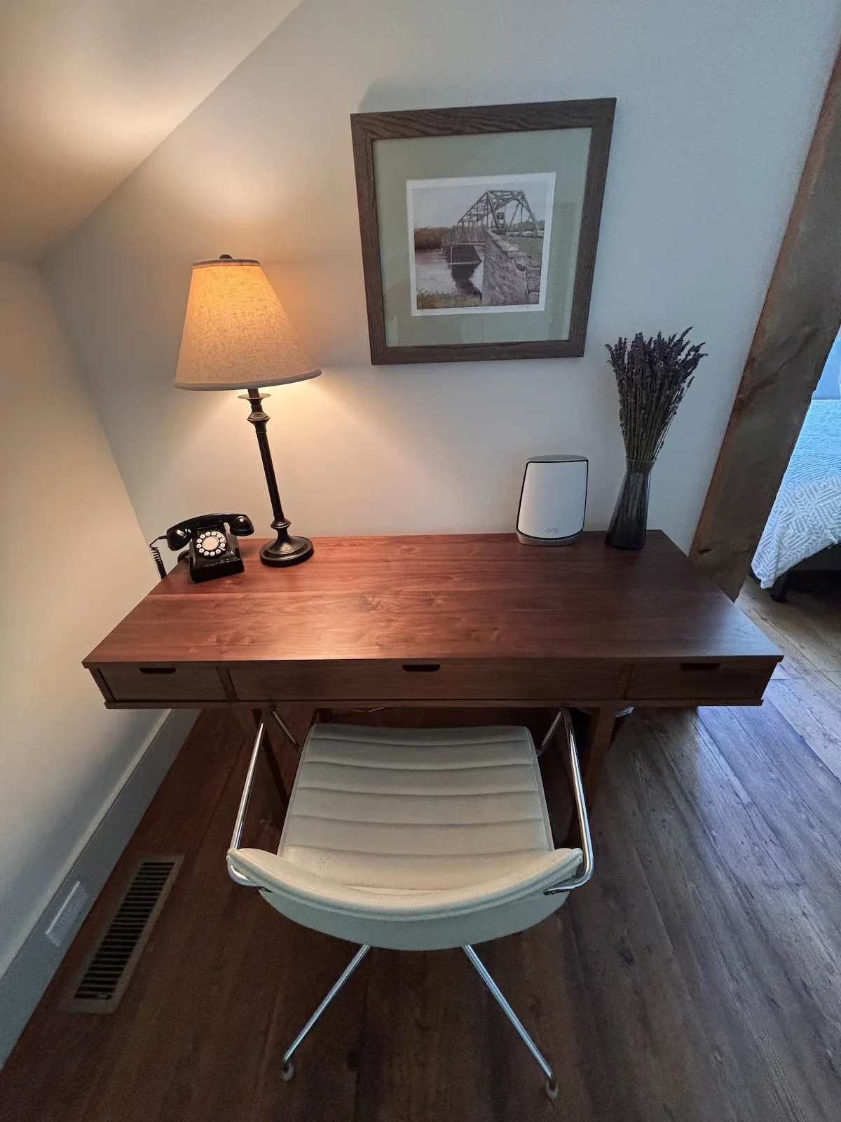 Bedroom with Dedicated Working Space and Full Bathroom in Guest Cottage with Cathedral Beamed Ceilings and Central AC