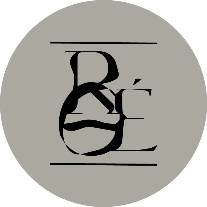 A black serif monogram with the letters G and E intertwined, set against a light gray circular background with two horizontal black lines above and below the monogram.